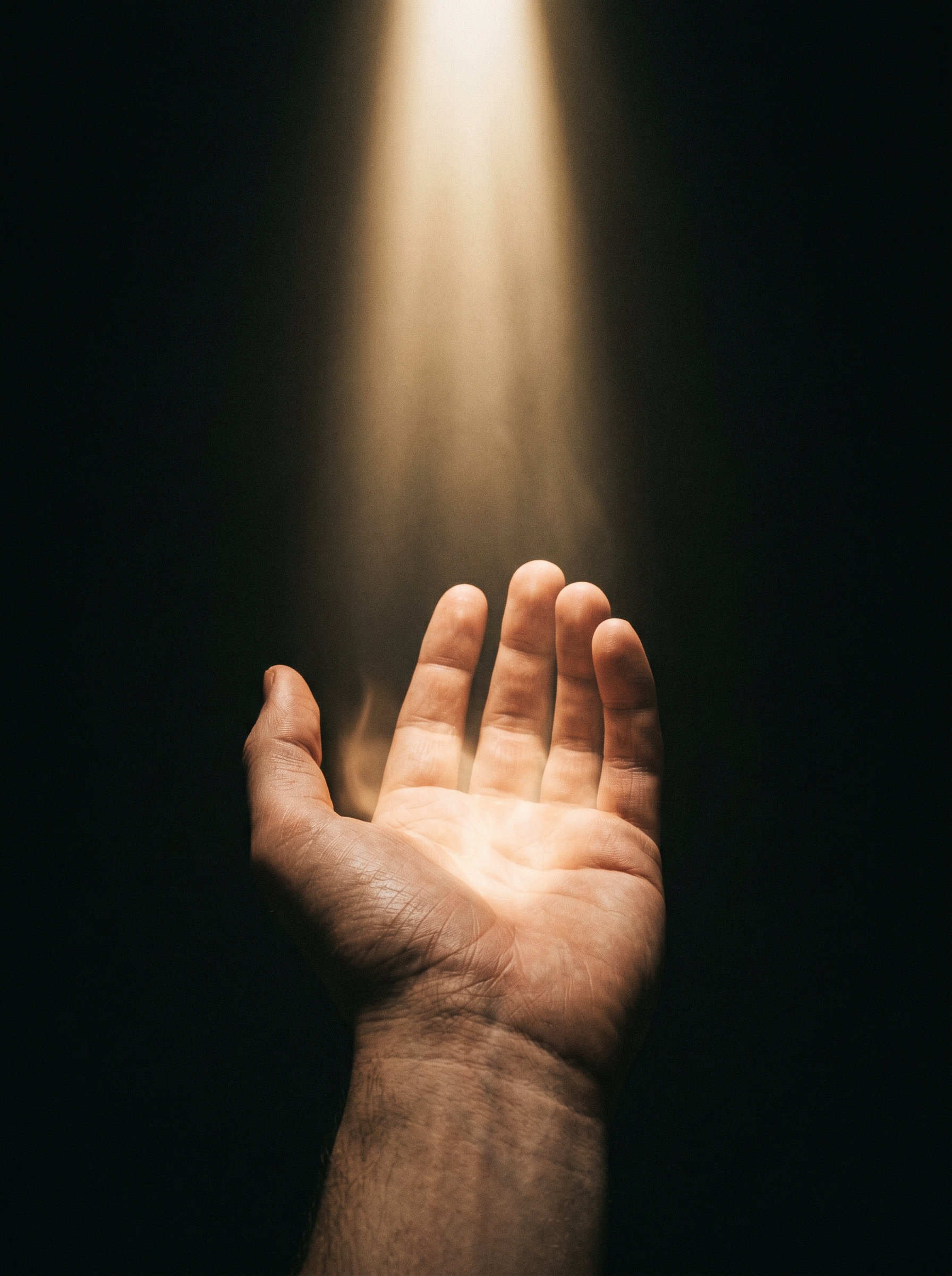 Single hand receiving light from above — not money exactly, more like possibility, like dignity given rather than earned by exhaustion — the most political image made minimal
