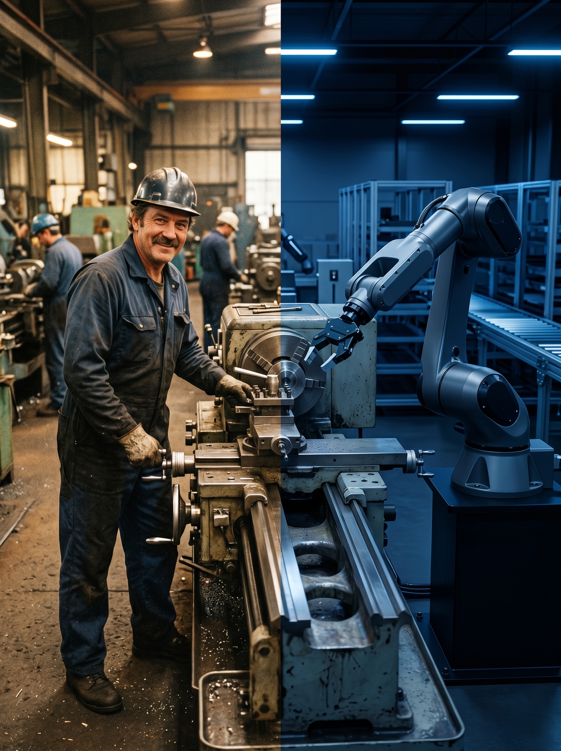 Split frame — left: 1970 factory worker proud at machine, dignified labor, warm film grain. Right: 2030 same factory, same machine, zero humans, single robot arm, cold blue light. Same work. Same machine. Different operator.