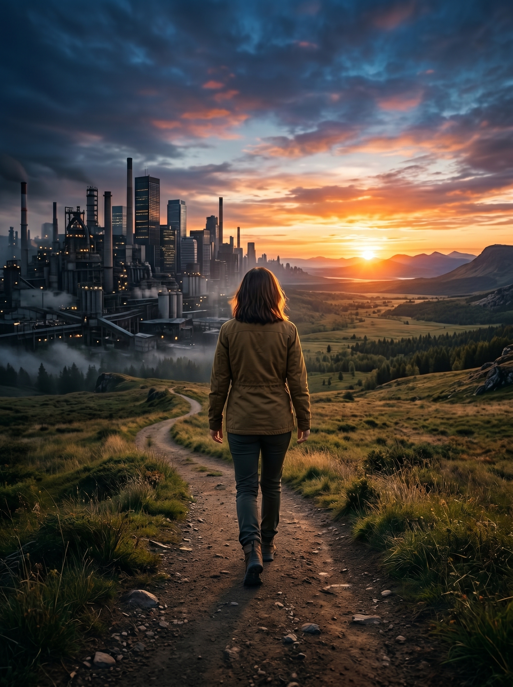 Person walking toward horizon at first light — behind them city of offices and factories, ahead open land with no buildings, just possibility, carrying nothing from old world, expression not escape but arrival