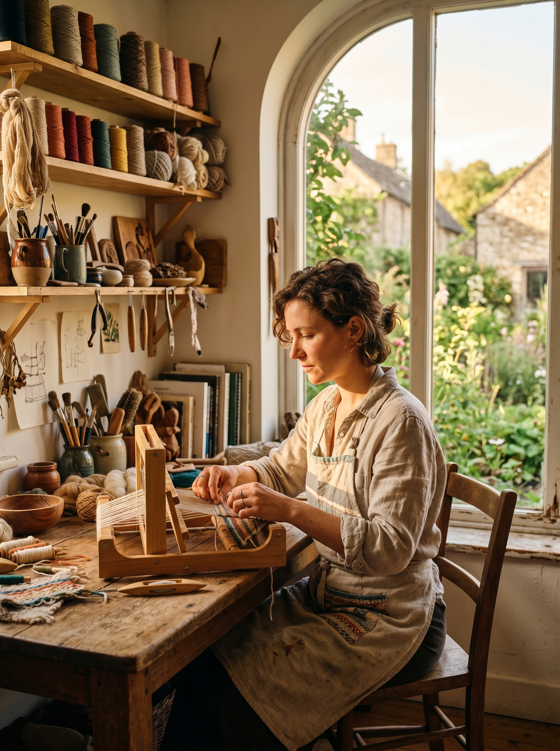 Person sitting in sunlit space — deeply focused, creating something with hands and mind, surrounded by tools of making not consuming, profound purpose without clock or boss — what humans do when freed from compulsory labor