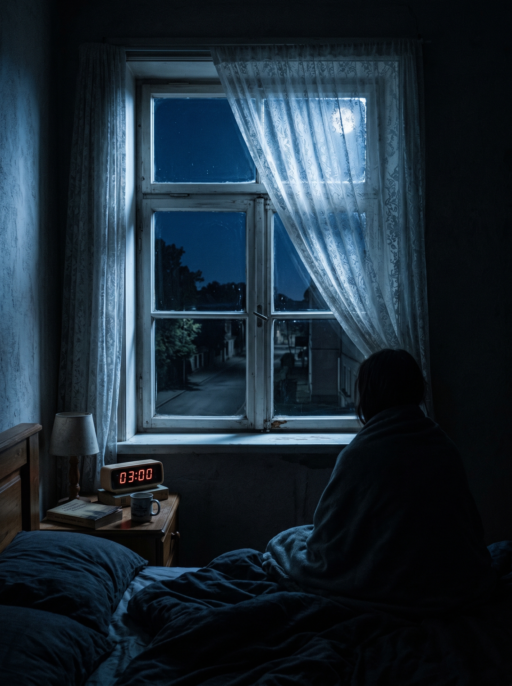 Bedroom window at exactly 3AM — moonlight through curtains, clock visible, specific quality of 3AM darkness different from 2AM and 4AM, profound stillness