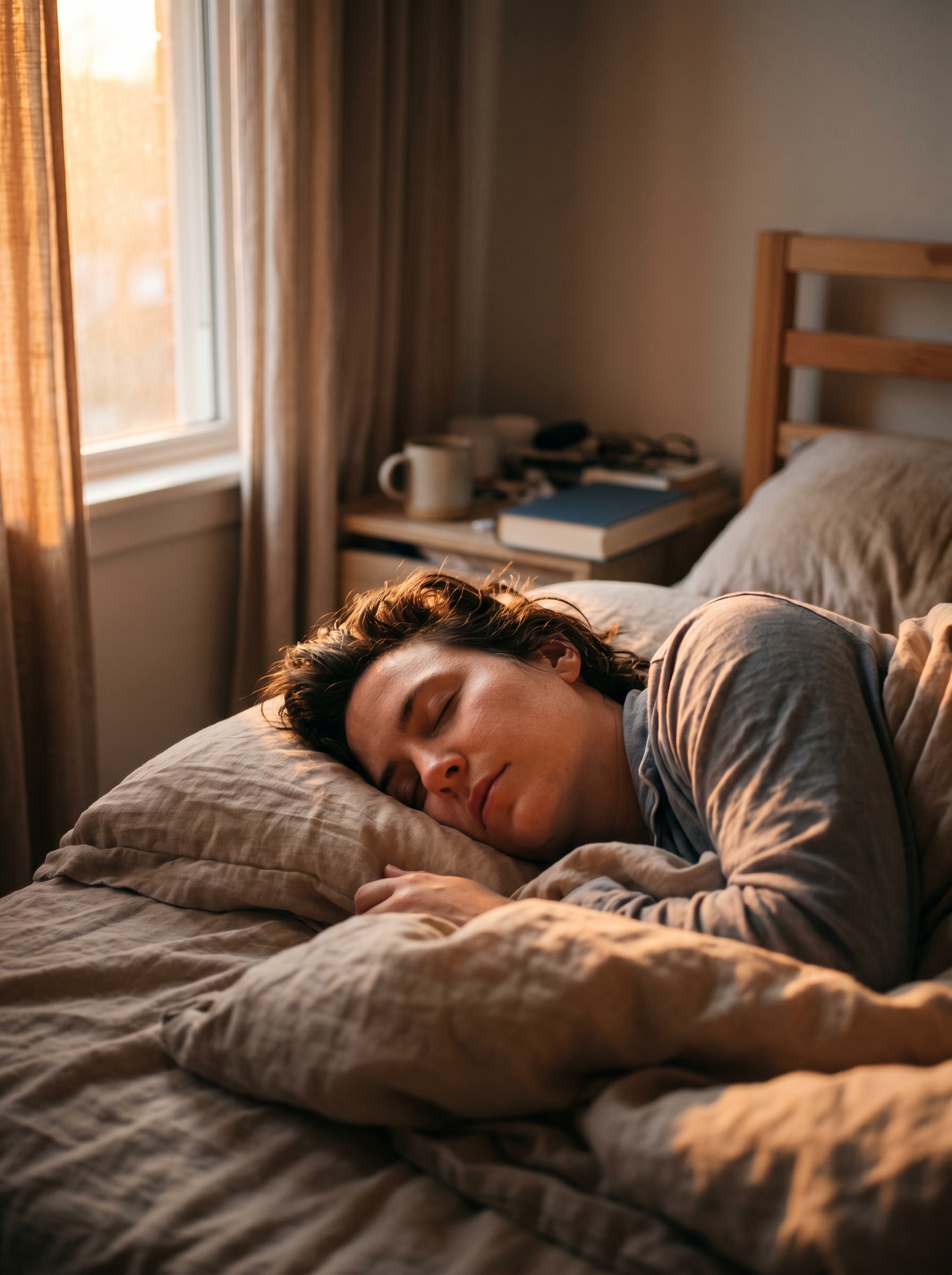 Person finally sleeping peacefully at dawn — first golden light coming through window, expression of someone who found rest after long dark hours, the quality of morning light only people awake at 3AM truly know