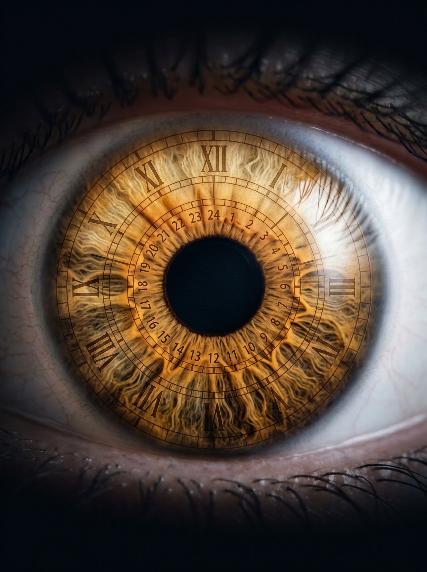 Human eye with iris showing circadian rhythm patterns — time zones visible in iris structure, biological clock literally visible in the eye, science and art unified