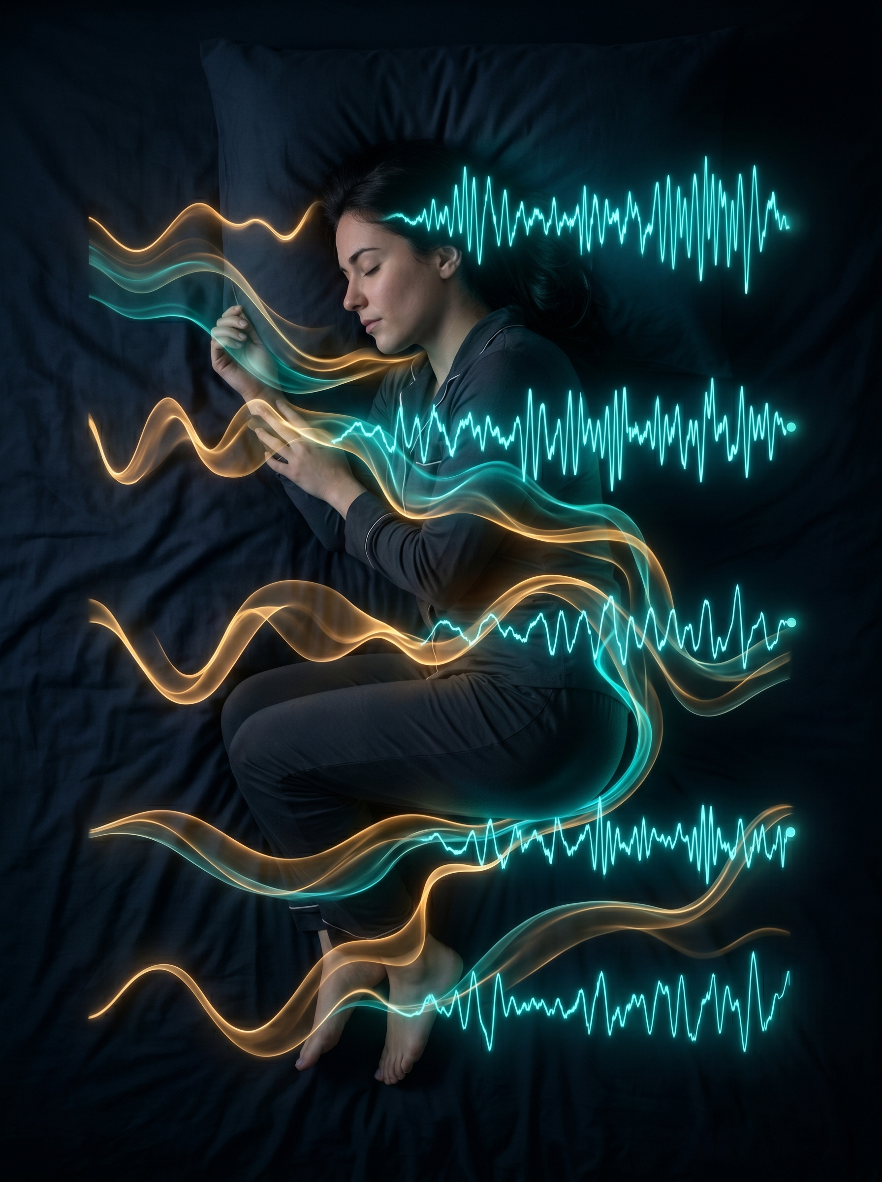 Human body horizontal sleeping, surrounded by visible sleep cycle waves — NREM and REM phases shown as gentle light waves moving through the body, different colors for different stages, 90 minute intervals