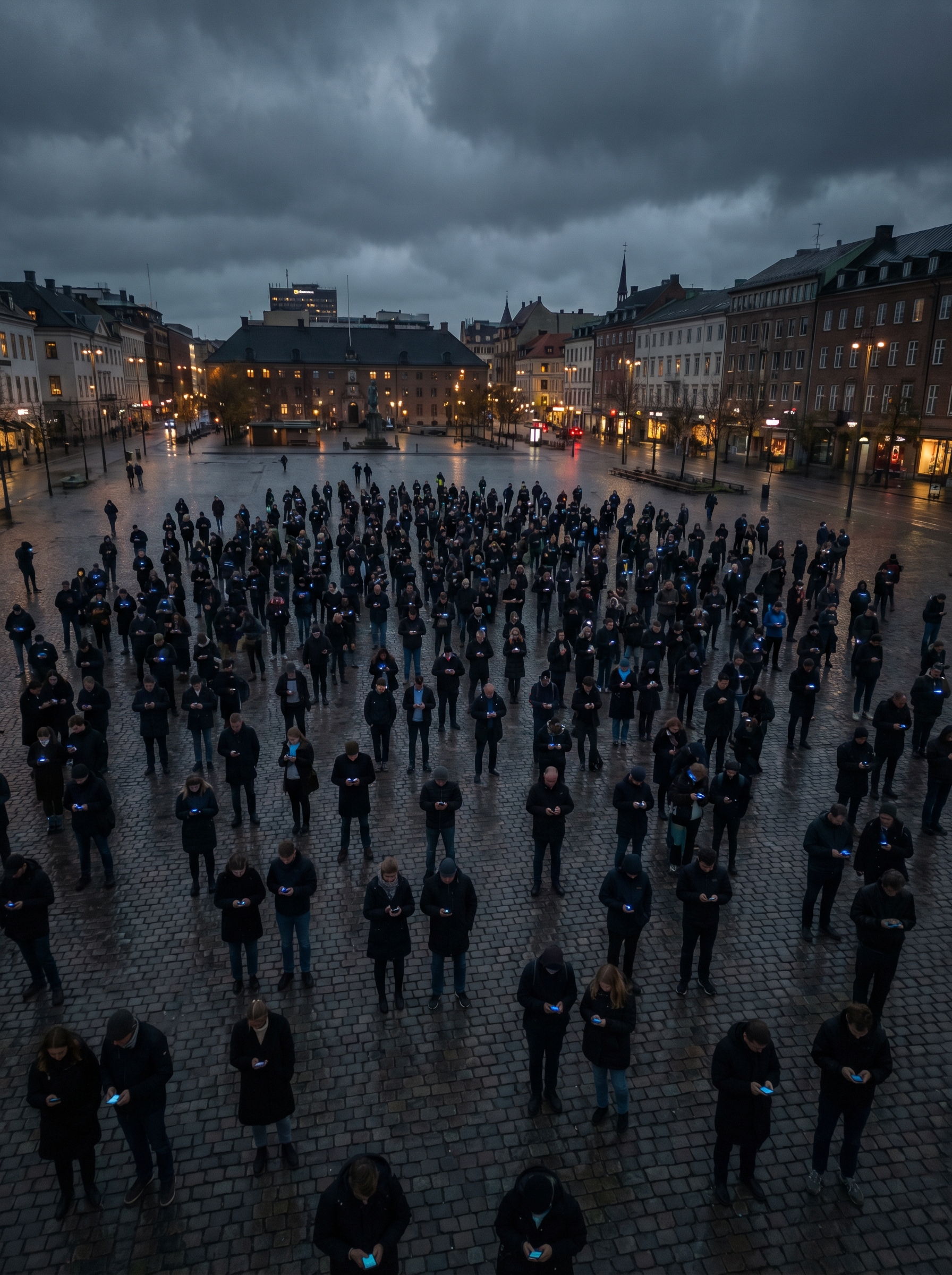 Aerial view of hundreds of people all looking at phones, none looking at each other, each in a bubble of blue screen light — the paradox of digital connection and physical isolation