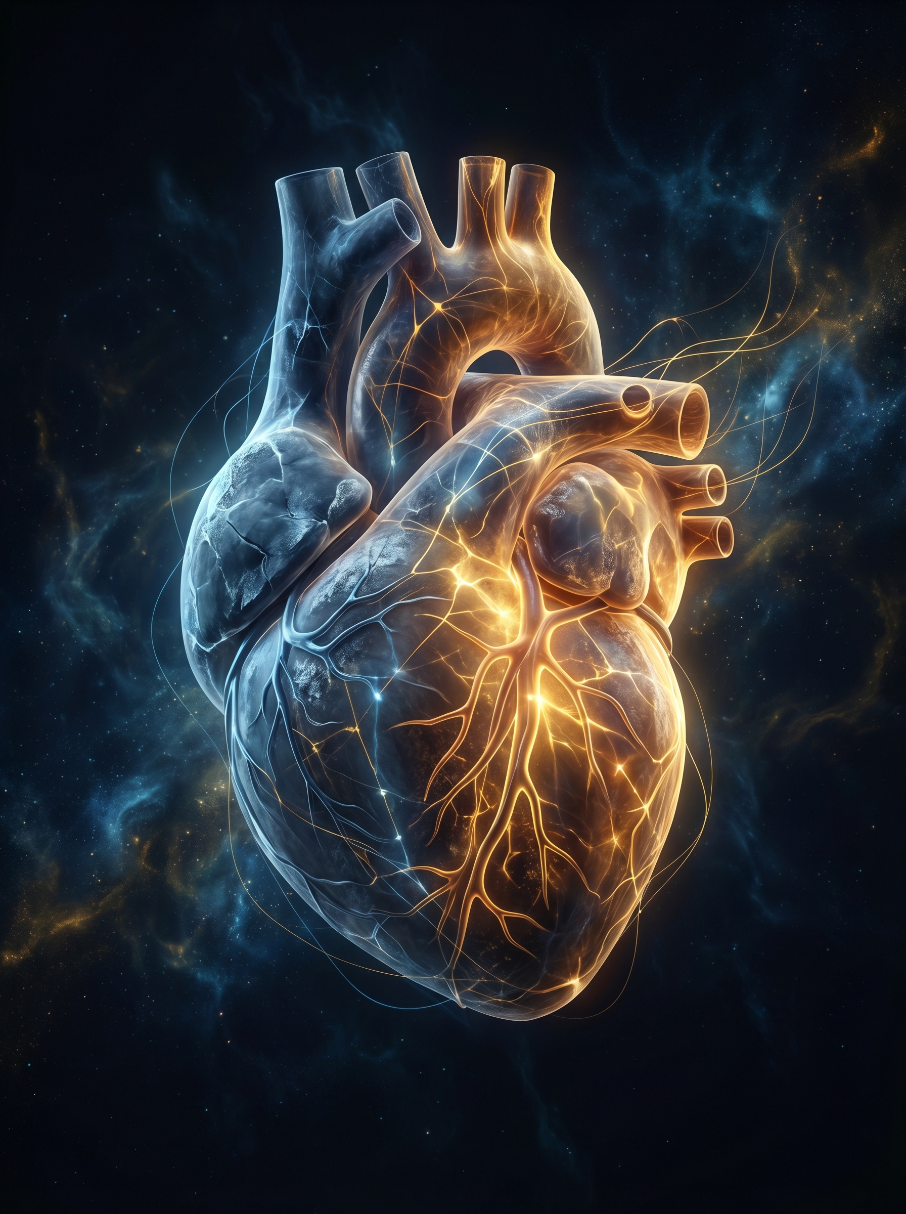 Human heart split — one side dark and cold from isolation, other side warm and glowing from connection — the physical reality of loneliness on the cardiovascular system