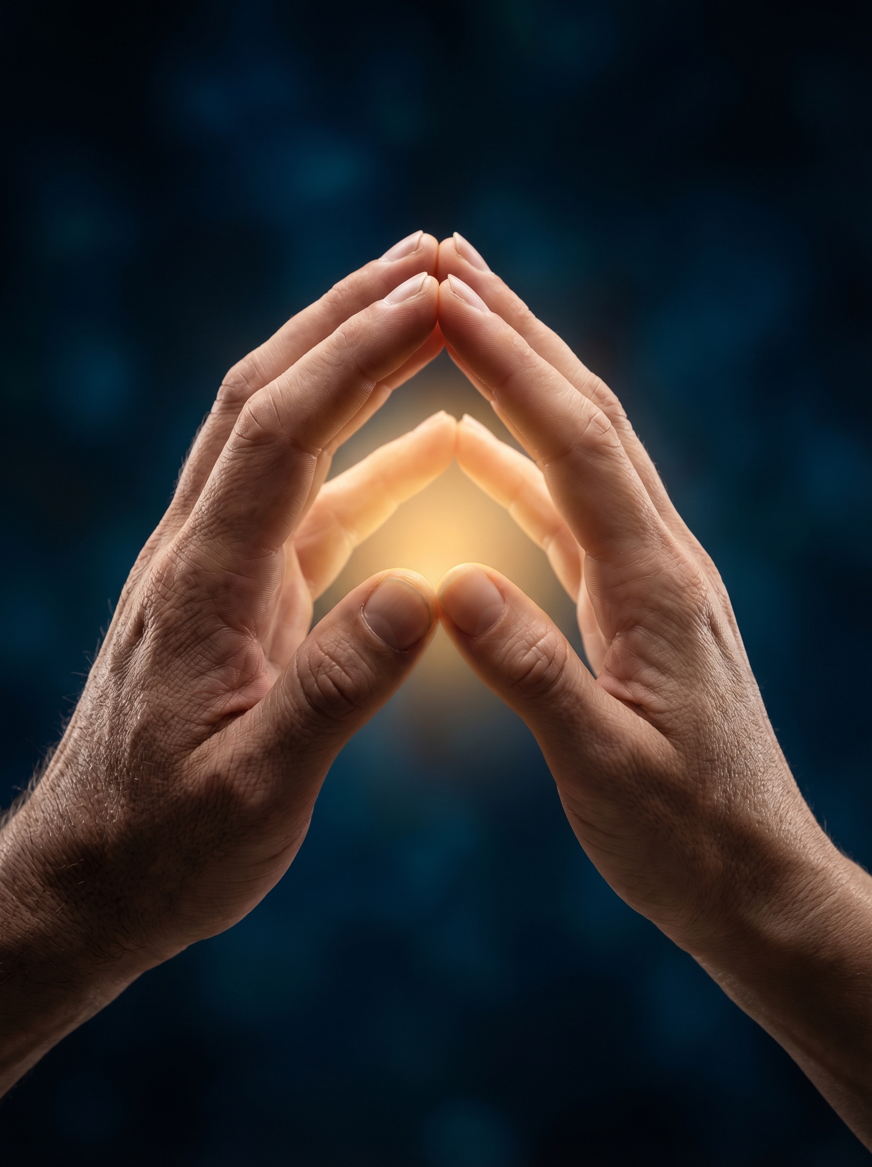 Two hands almost touching with warm golden light glowing in the space between them — the profound gap of human connection and the biology of what reaches across it