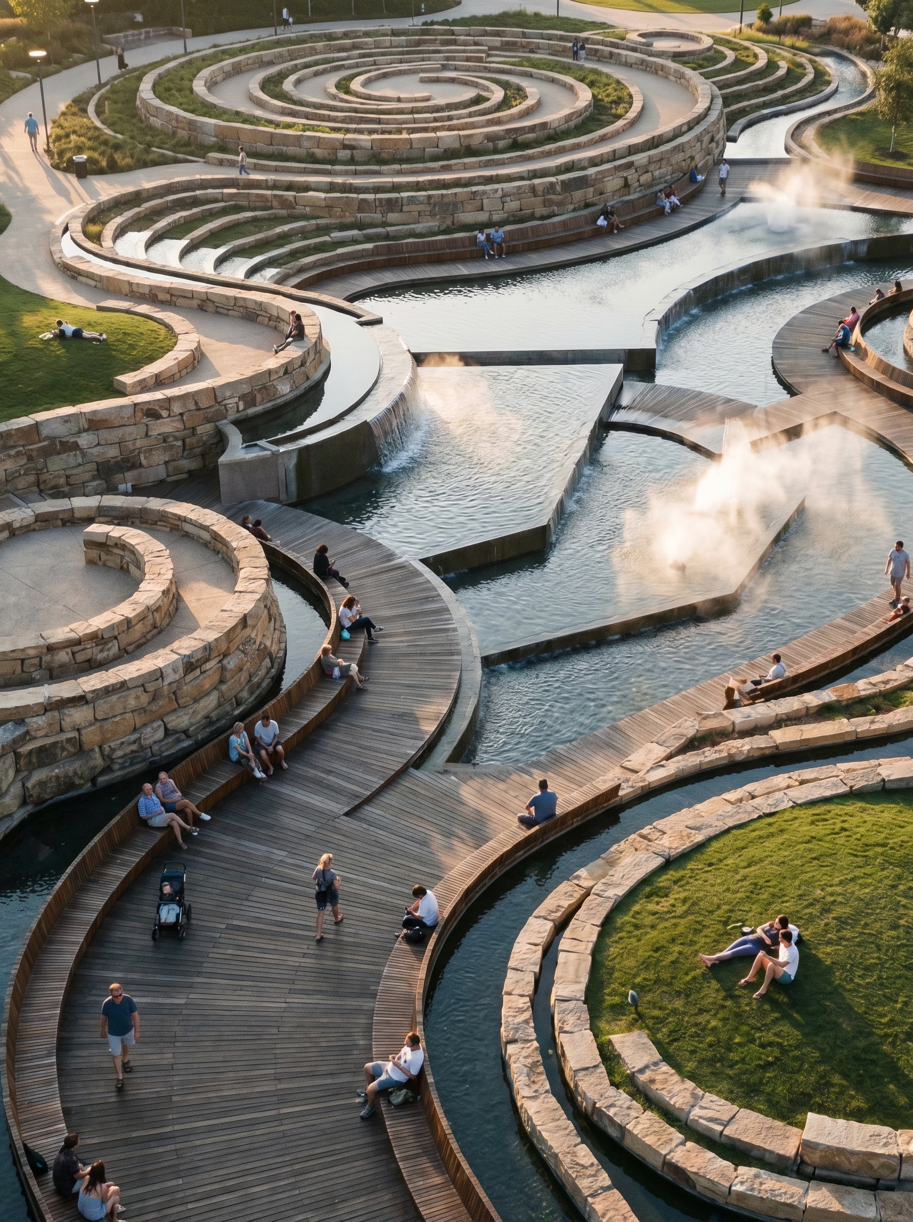 Aerial view of a public plaza designed by neuroscientists — every angle, water feature and material calculated to produce measurable calm, people visibly relaxing as they enter