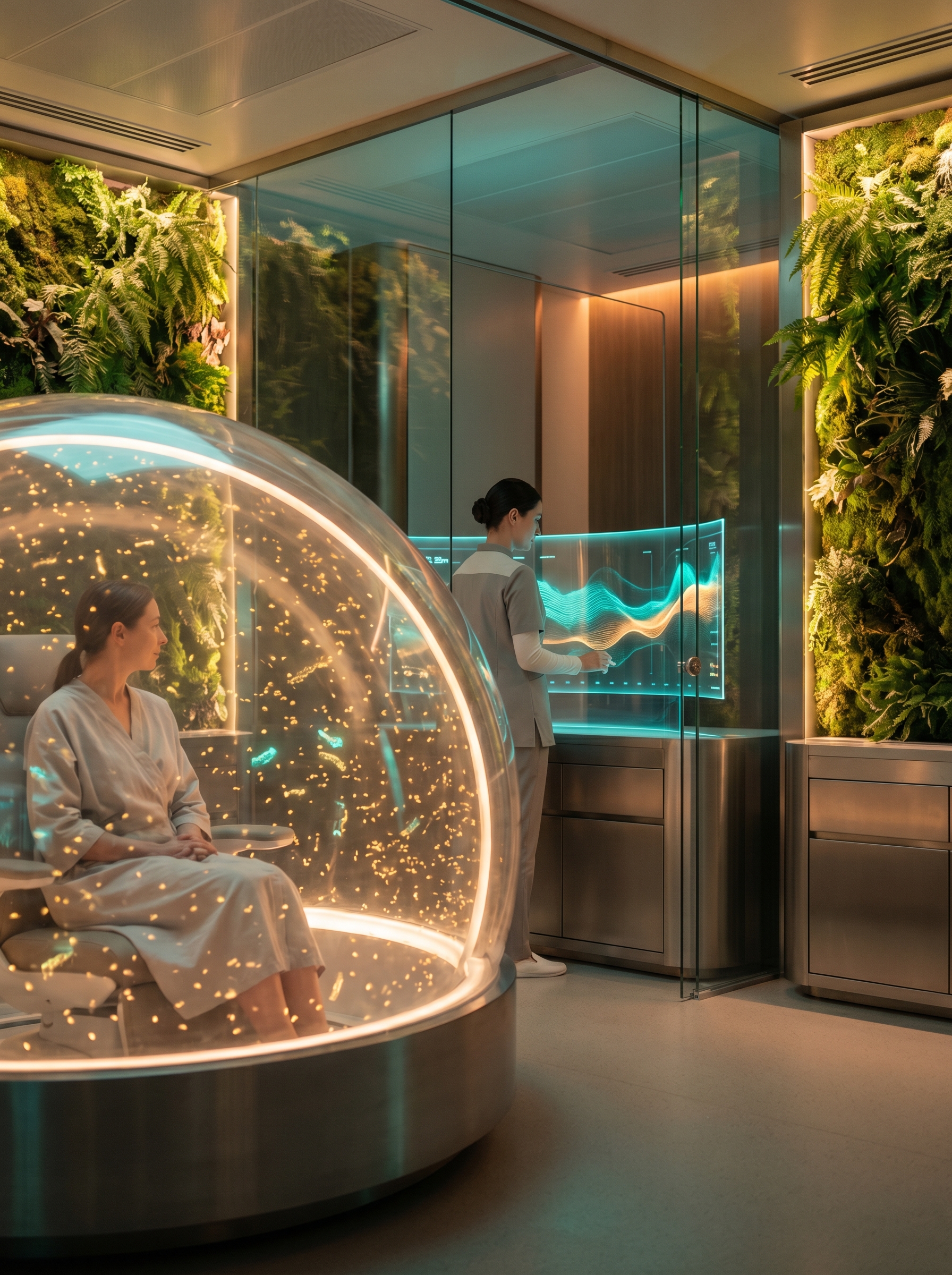 Future medical clinic with living wall gardens, patient inside transparent dome surrounded by millions of microorganisms visualized as golden light points — the human microbiome restoration clinic