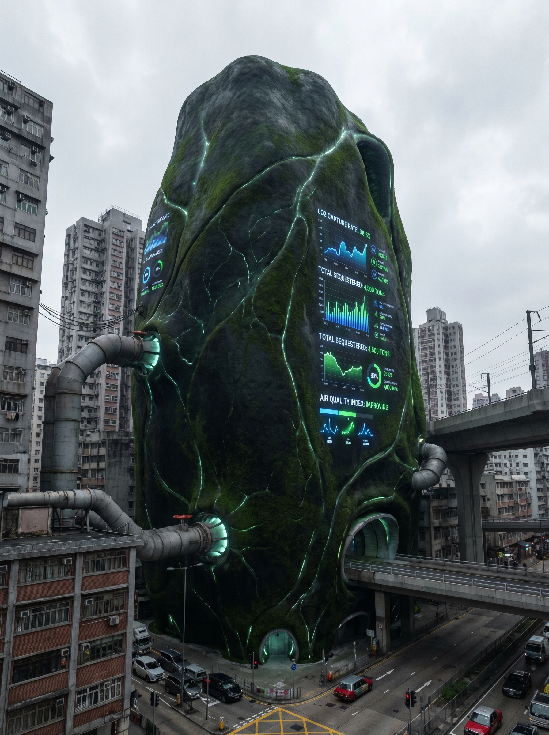 Building with exterior made entirely of living carbon-sequestering organism — dark green-black surface visibly absorbing CO2, exhaust pipes from surrounding city redirected into building intake, real-time carbon capture metrics displayed