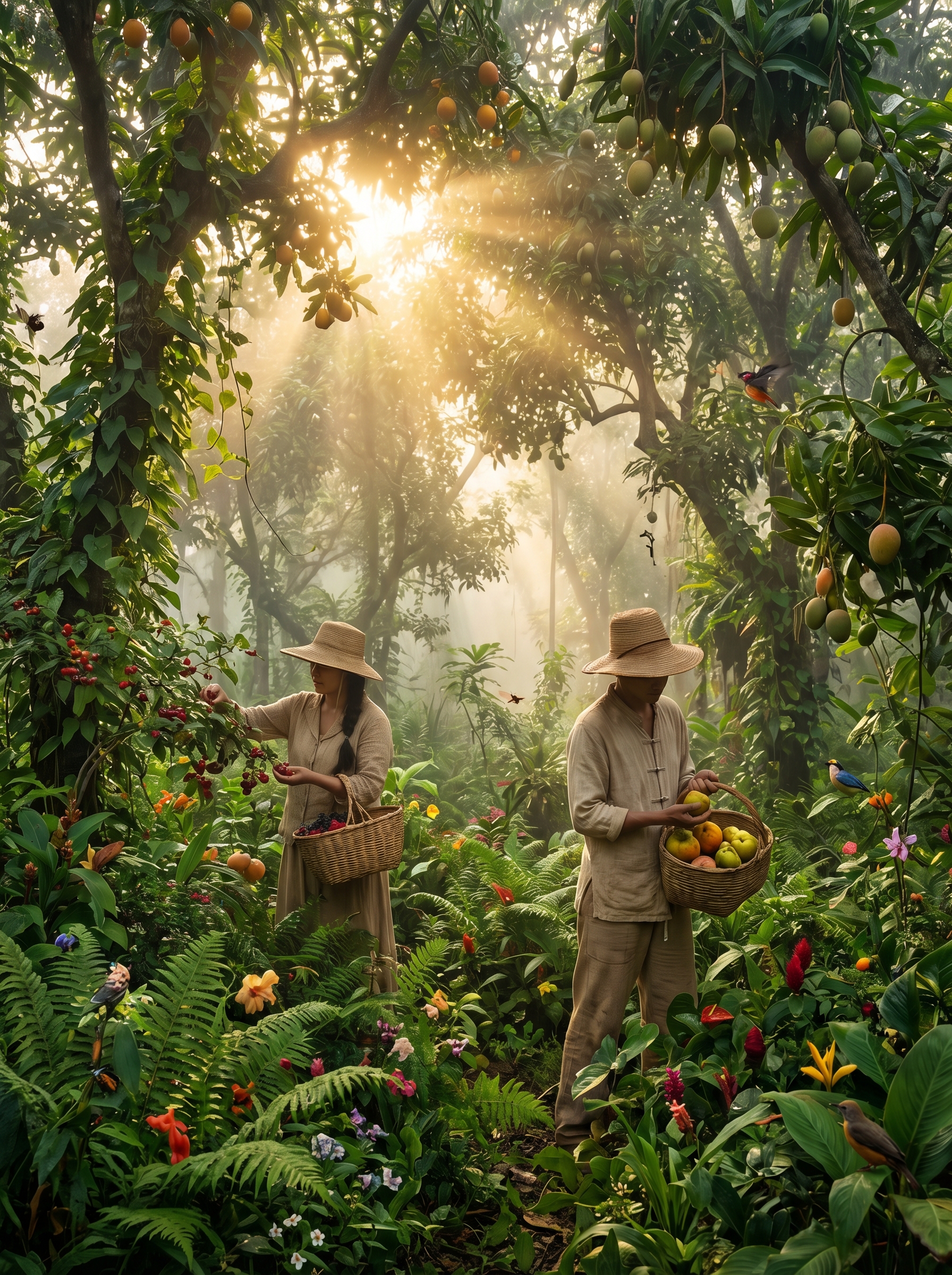 Commercial food forest with dense multilayered wild ecosystem producing abundant food — workers harvesting from trees and plants that look completely wild, no rows or monoculture, morning mist and golden light through canopy