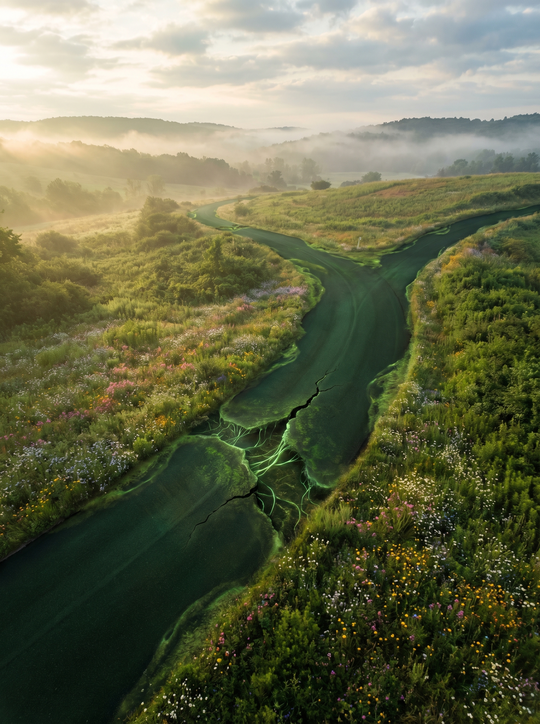Drone aerial of living road network with deep green-black biological surface, visible self-repair where cracks appear with new growth closing gaps, road edges merging with wildflower meadows