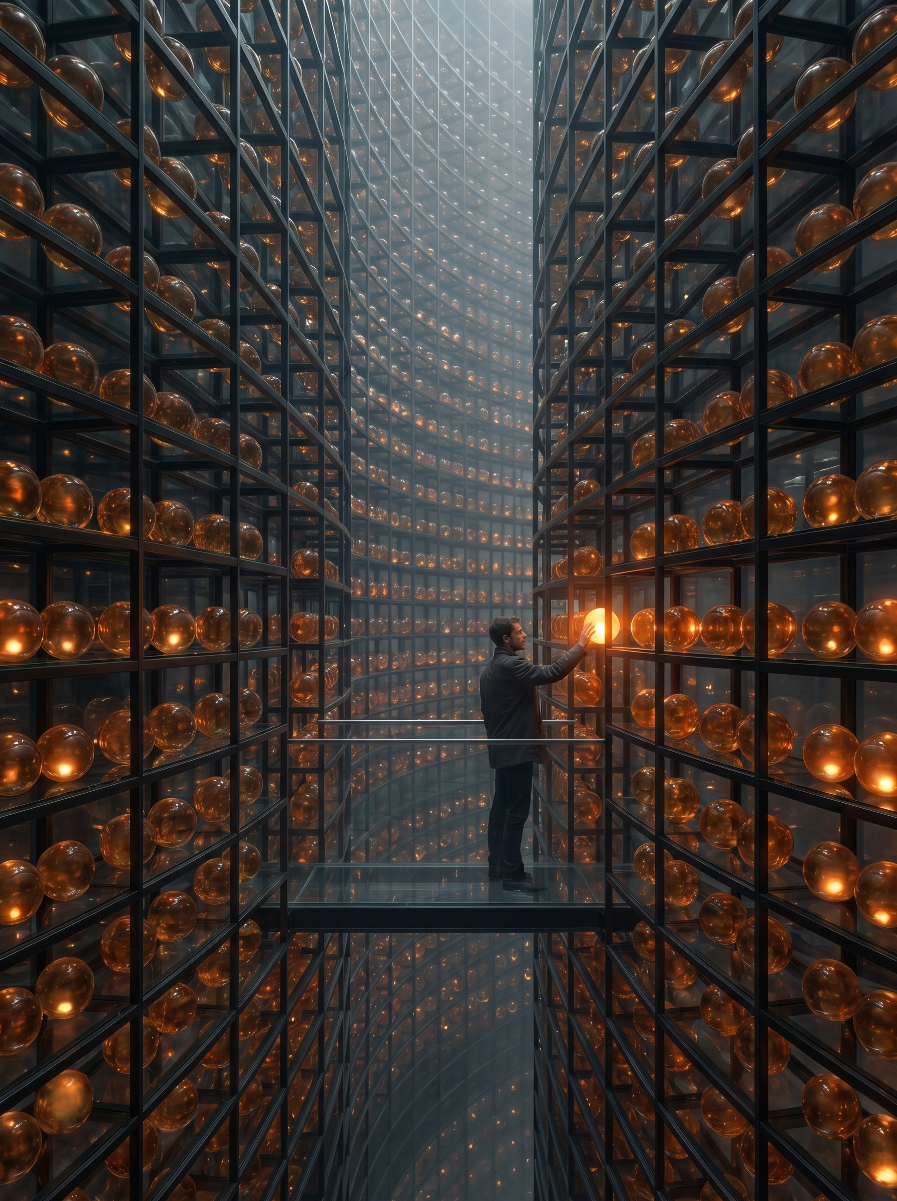 Epic scale interior of consciousness archive with walls floor to ceiling containing millions of glowing amber spheres — each a preserved human experience — single person reaching toward one sphere which glows brighter