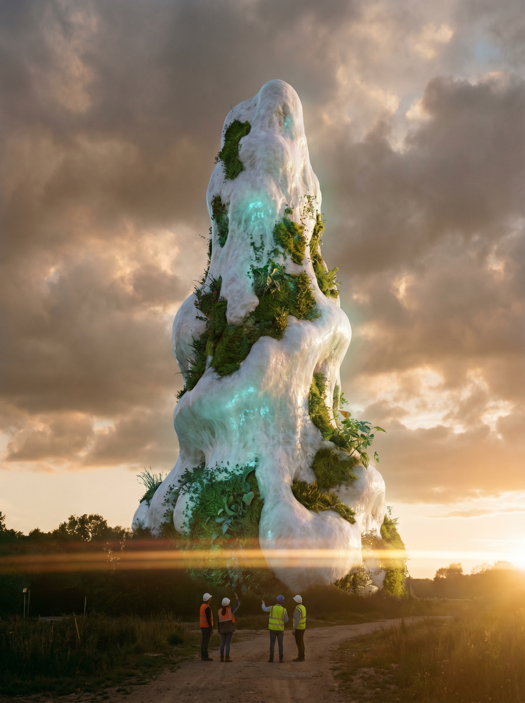 40-storey building grown entirely from living white mycelium networks, glowing bioluminescent blue-green at dusk — the future of carbon-negative architecture