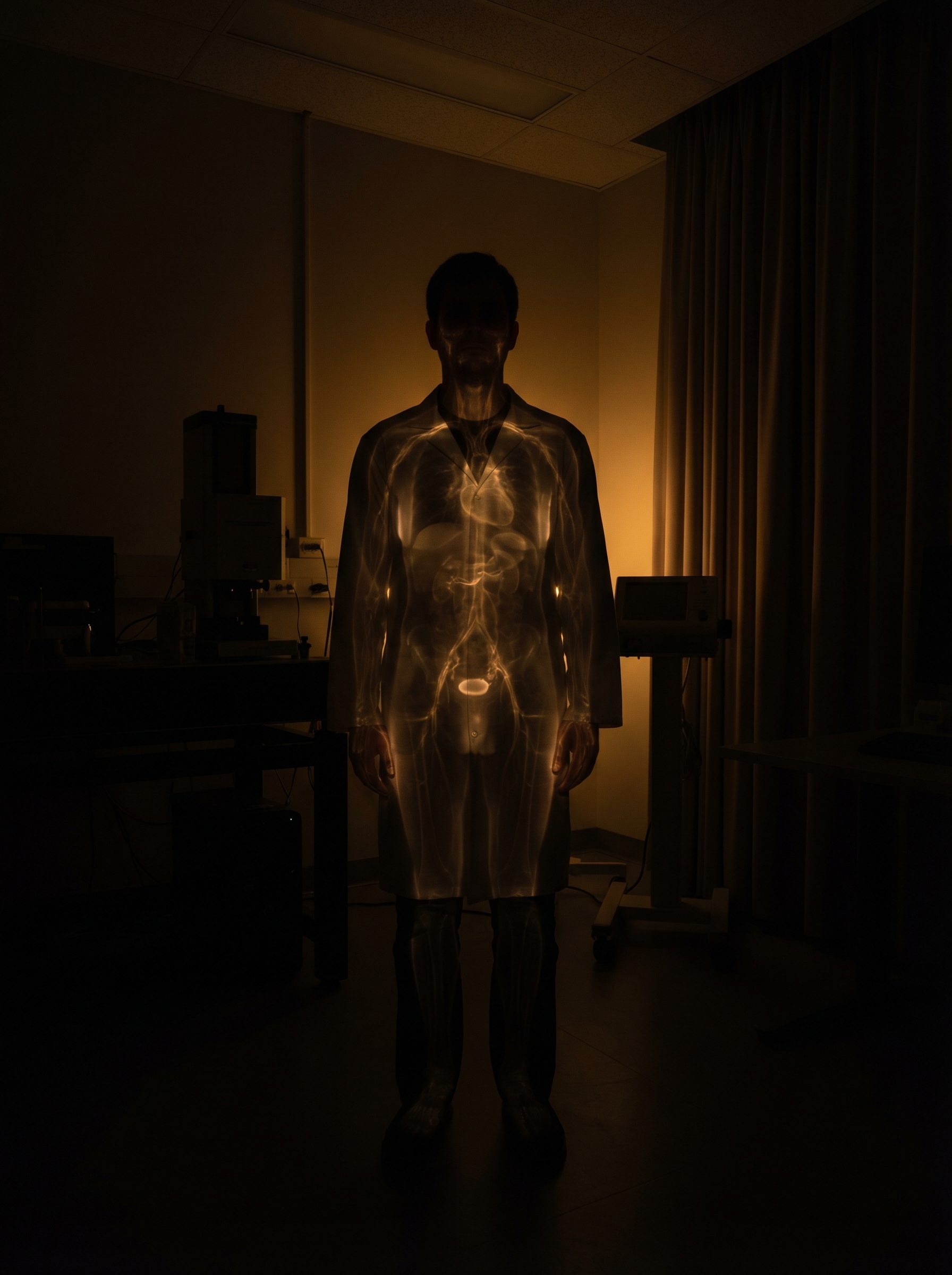 Person standing in total darkness with their body emitting visible biophotonic light — soft golden aura from within skin and organs showing complete health diagnostic information