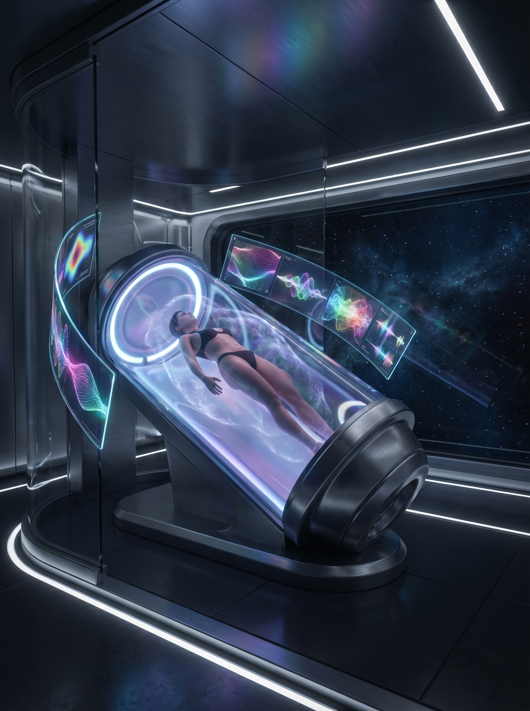 Ultra-modern clinical space with patient inside quantum coherence chamber, quantum probability fields displayed on surrounding screens, deep dark space with precise clinical lighting — quantum biology treatment clinic