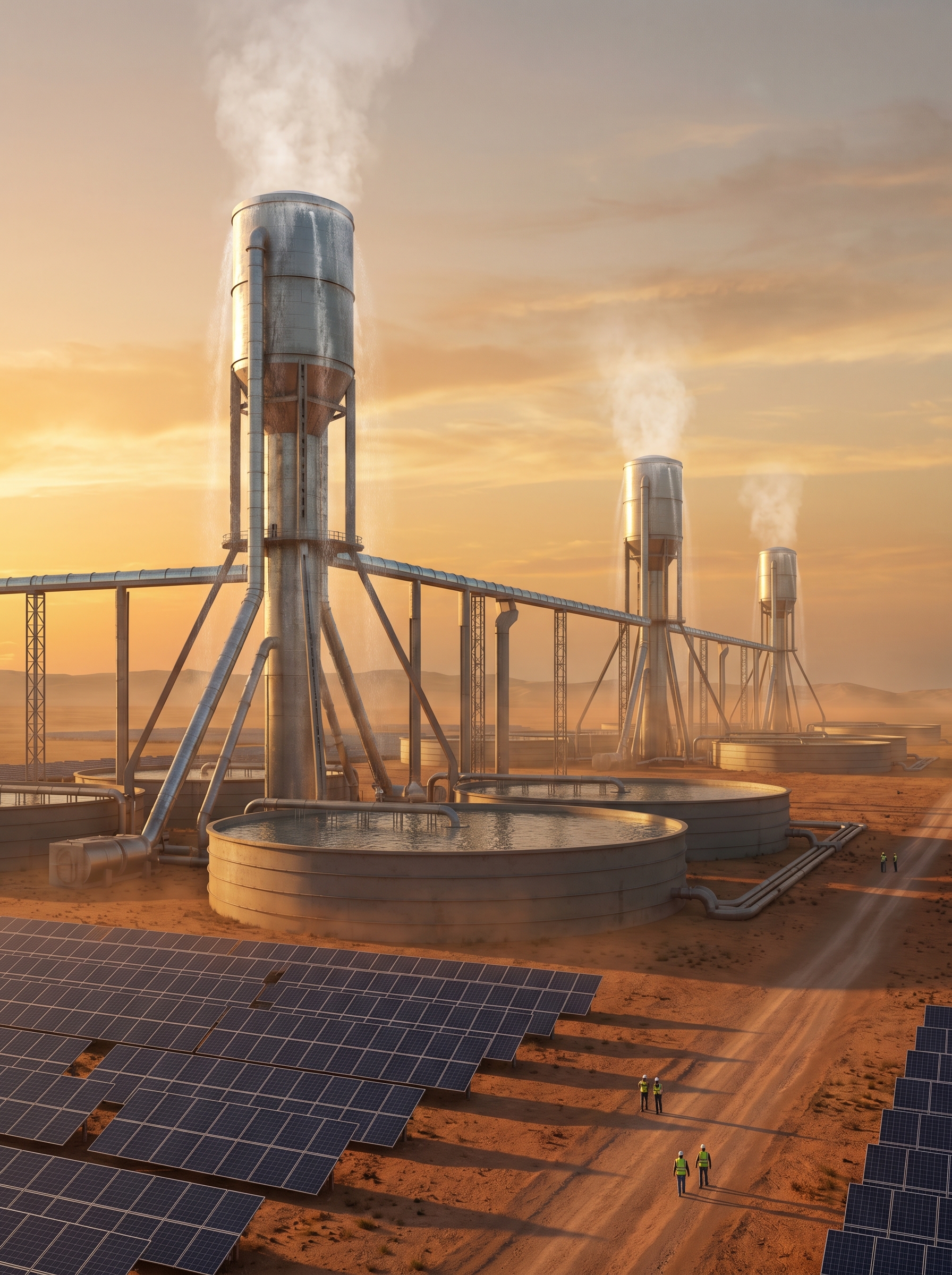 Vast industrial atmospheric water harvesting facility in arid desert landscape, massive towers extracting visible moisture from air, solar panels surrounding, tiny human figures below showing overwhelming scale
