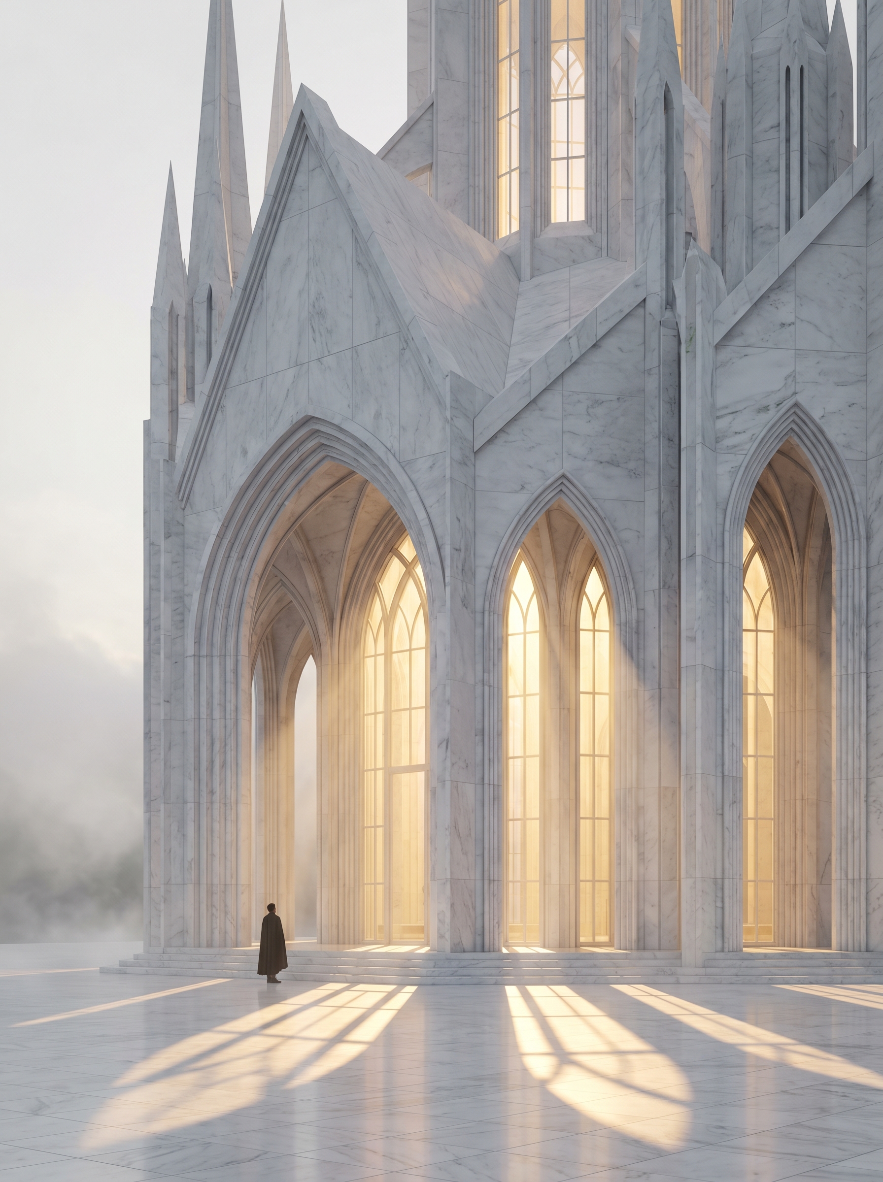Single human figure at entrance of vast white marble longevity research institute that stretches upward beyond frame, scale overwhelming, dawn light through cathedral-height windows — what science is attempting here deserves this scale