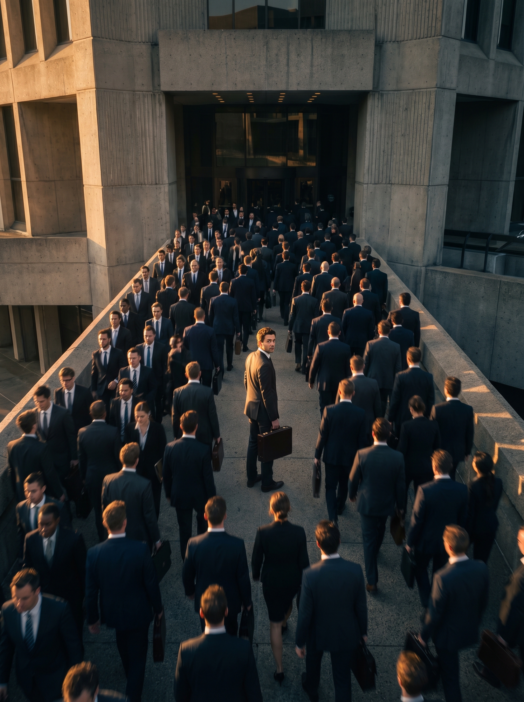 Aerial shot of hundreds of identical office workers walking same direction into same building like a river, one person stopped mid-stream looking opposite way — the conformity of salary employment and the rare moment of seeing it differently