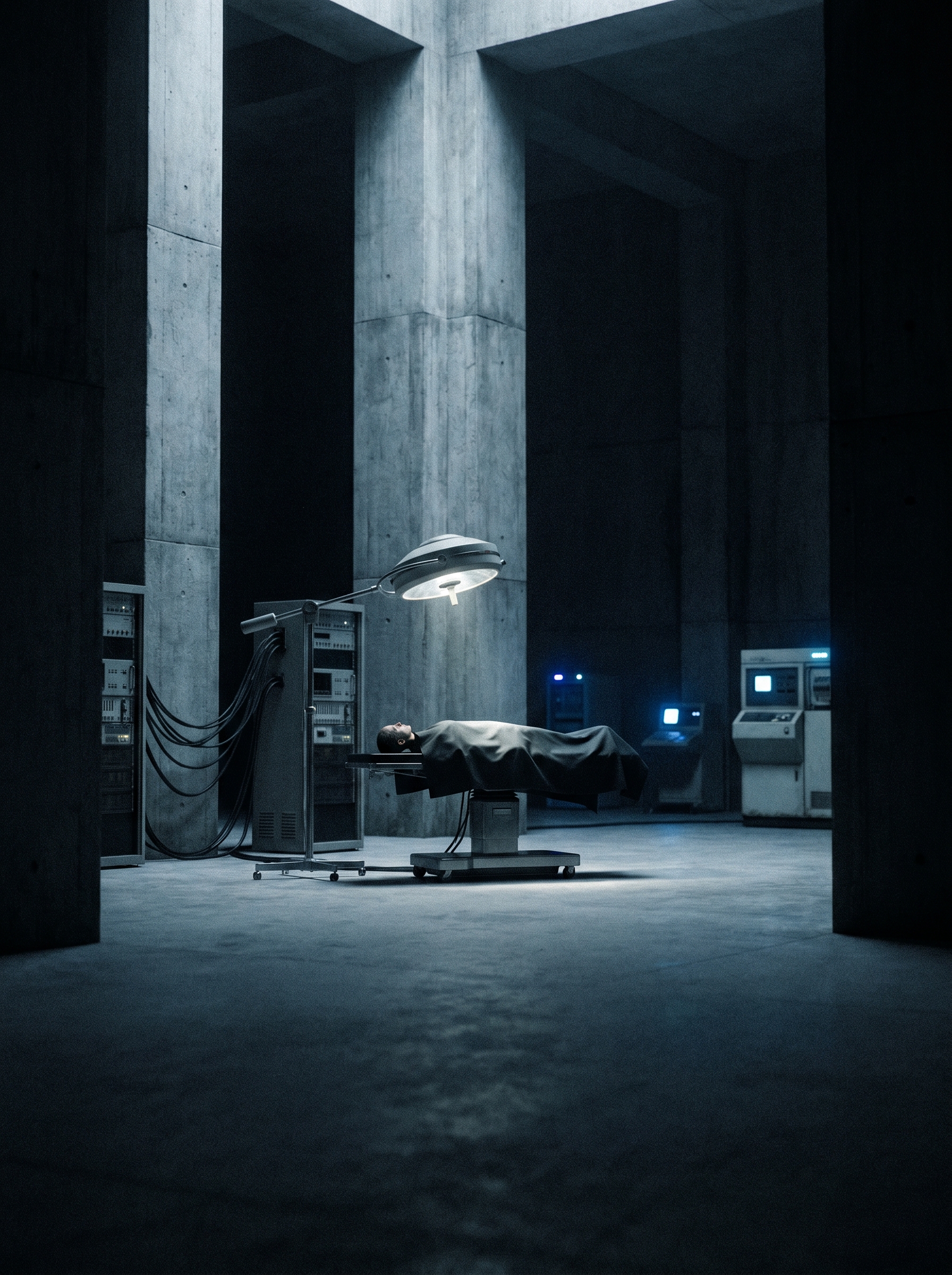 Brutalist architectural interior of brain-computer interface research facility — vast concrete walls, single operating table under surgical light, scale making the human impossibly small, surrounding darkness, minimal equipment maximum implication