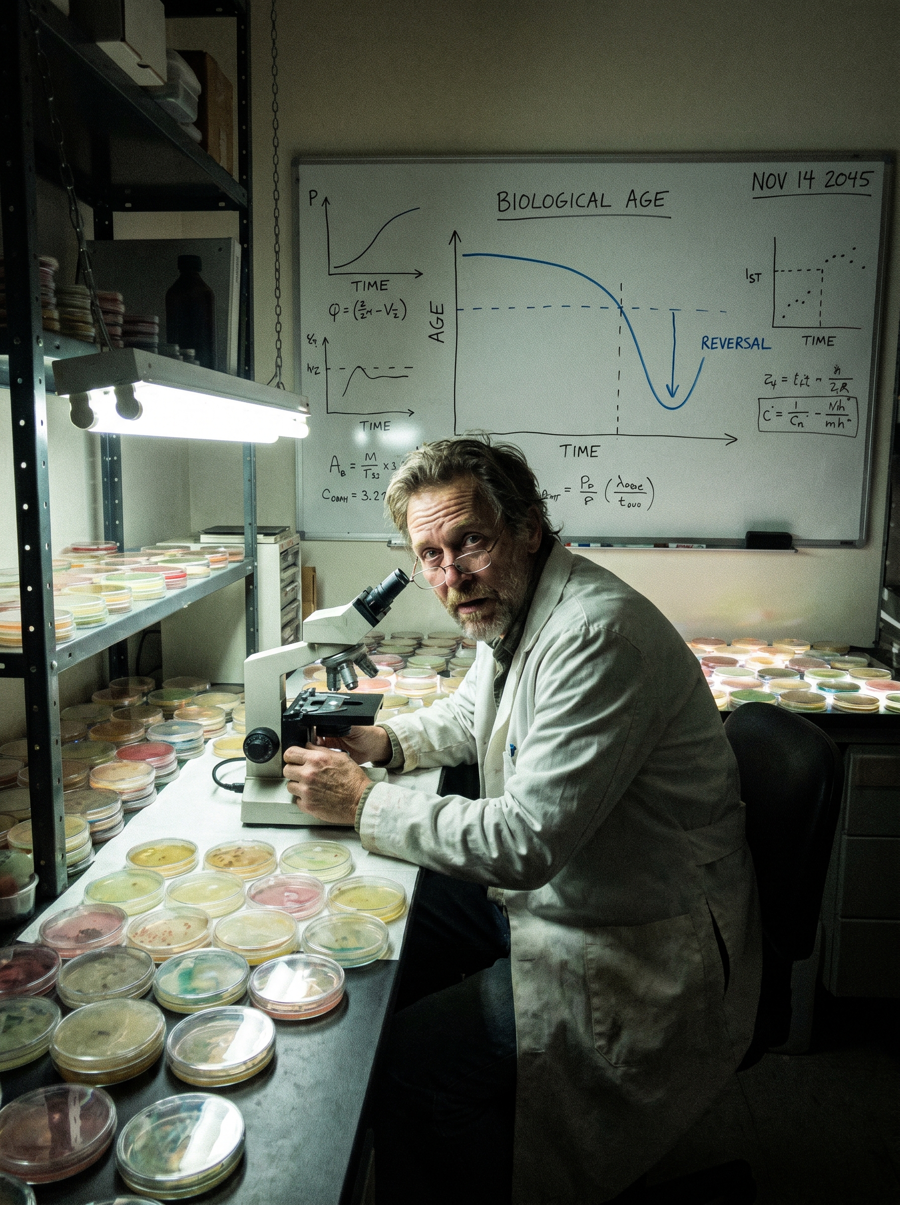 Longevity research scientist alone at 3AM in laboratory surrounded by hundreds of petri dishes, whiteboard showing biological age curves reversing direction, years of obsession and proximity to breakthrough — the real face of changing human lifespan