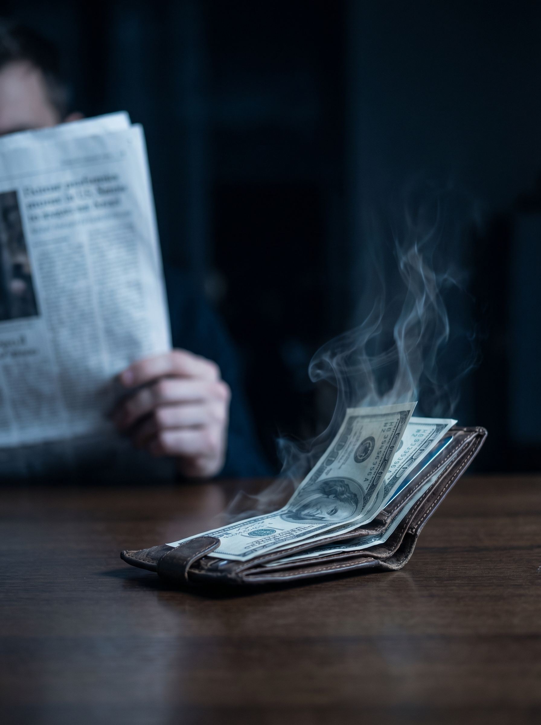 Close up of wallet being emptied by invisible hands, money lifting out dissolving into air, person unaware, cold blue tones — the visual of inflation as invisible theft from every salary earner simultaneously