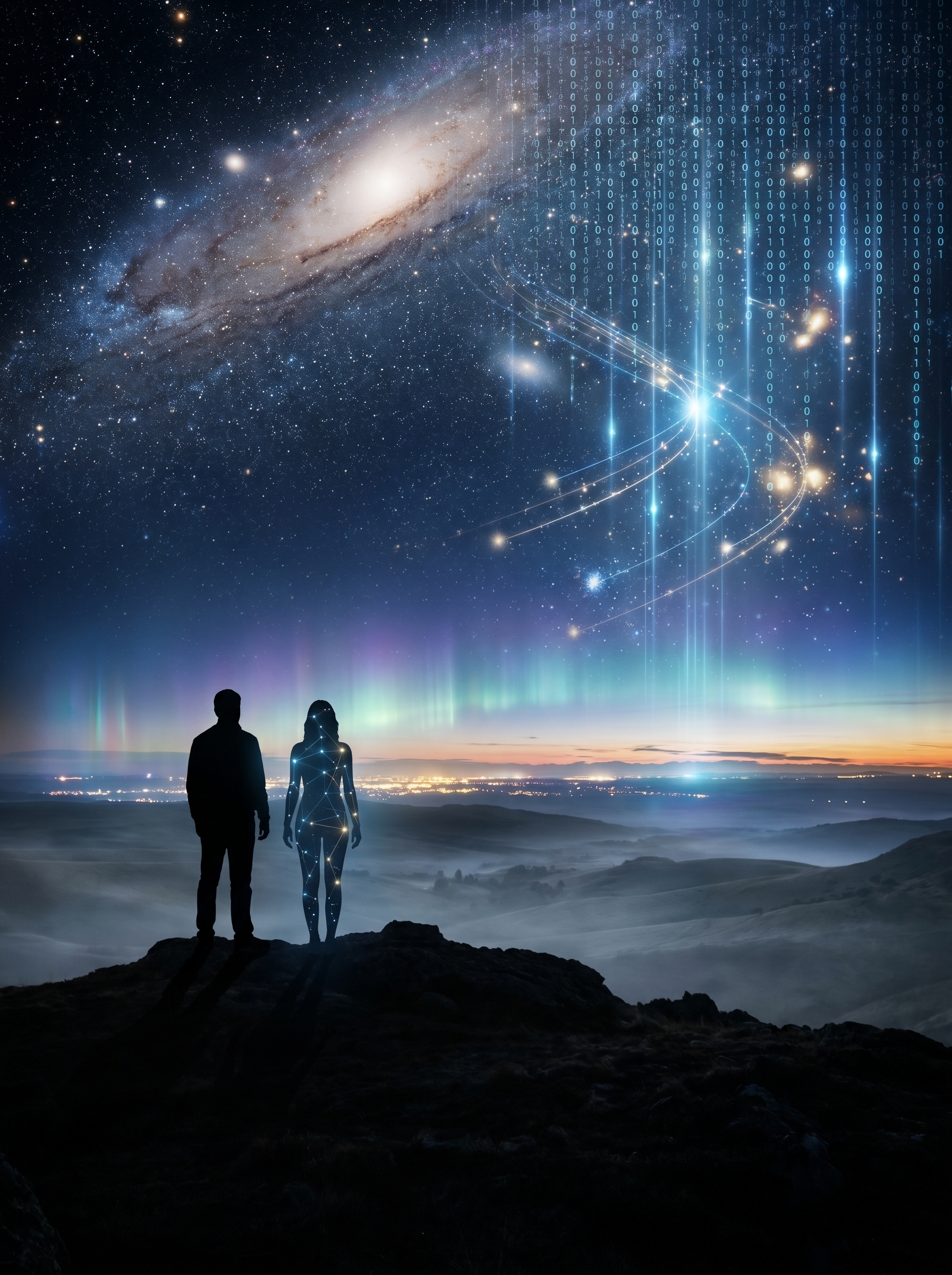 Two silhouettes on hilltop at night — one entirely human outline, one human outline with luminous network visible through body like stars seen through skin, both looking at same horizon, sky half stars half data streams