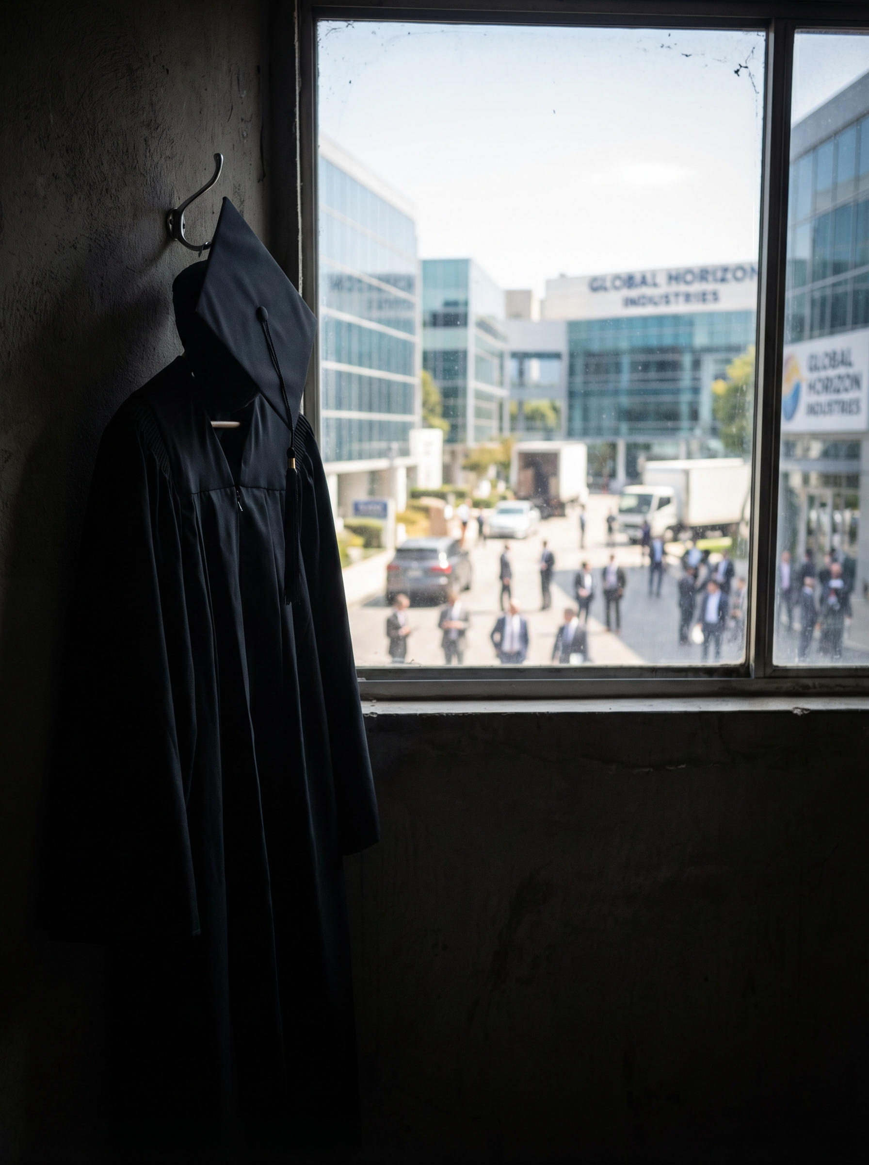 Empty graduation cap and gown hanging on a hook, behind it through a window a vast successful enterprise visible — buildings vehicles employees — the achievement that needed no certificate, dark interior vs bright exterior