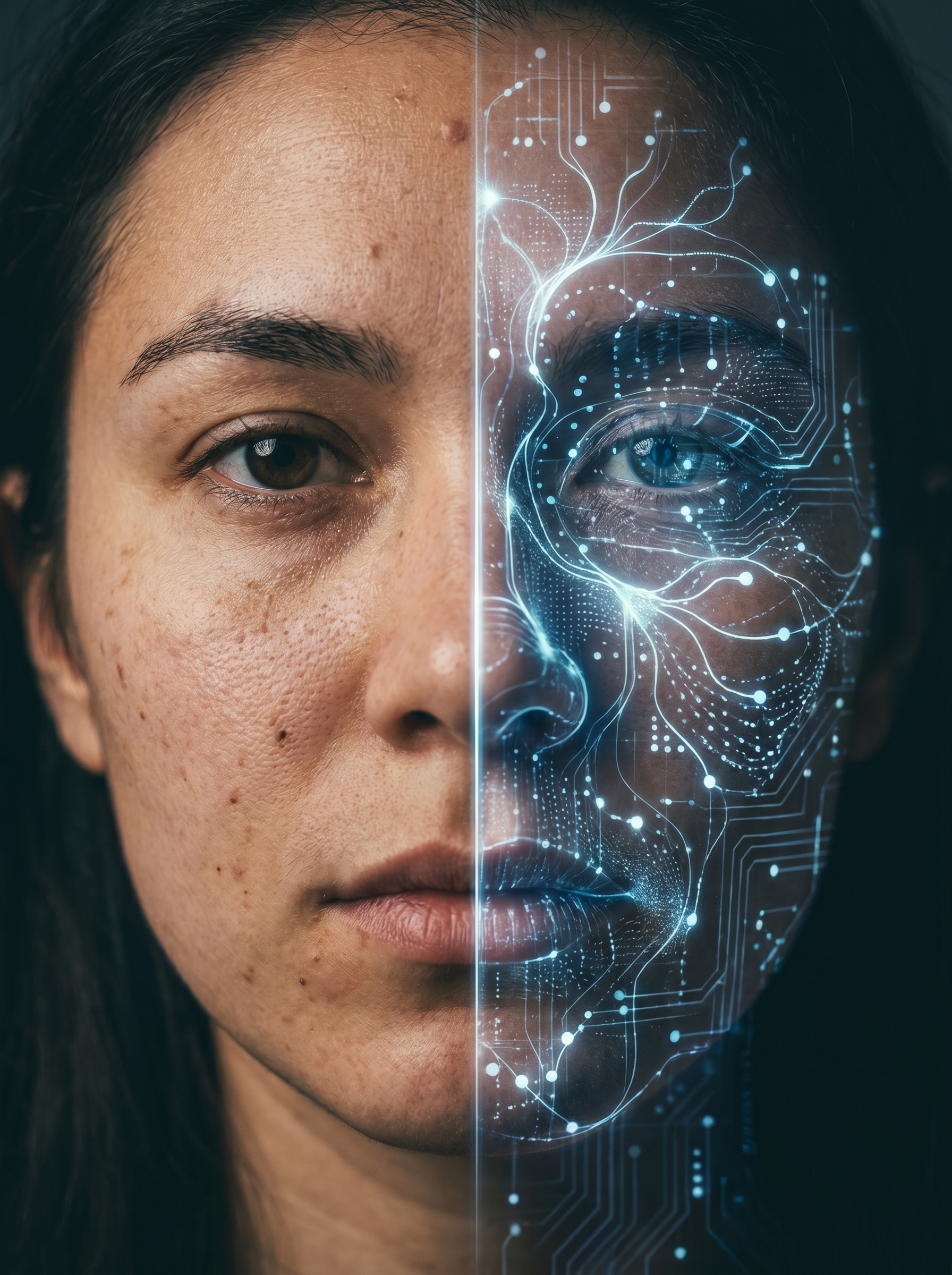 Human face split — half biological warm skin tones visible pores human imperfection, half same face as pure data neural pathways signal frequencies information patterns — both halves equal, neither more real, the dividing line down centre of nose the most important line ever drawn