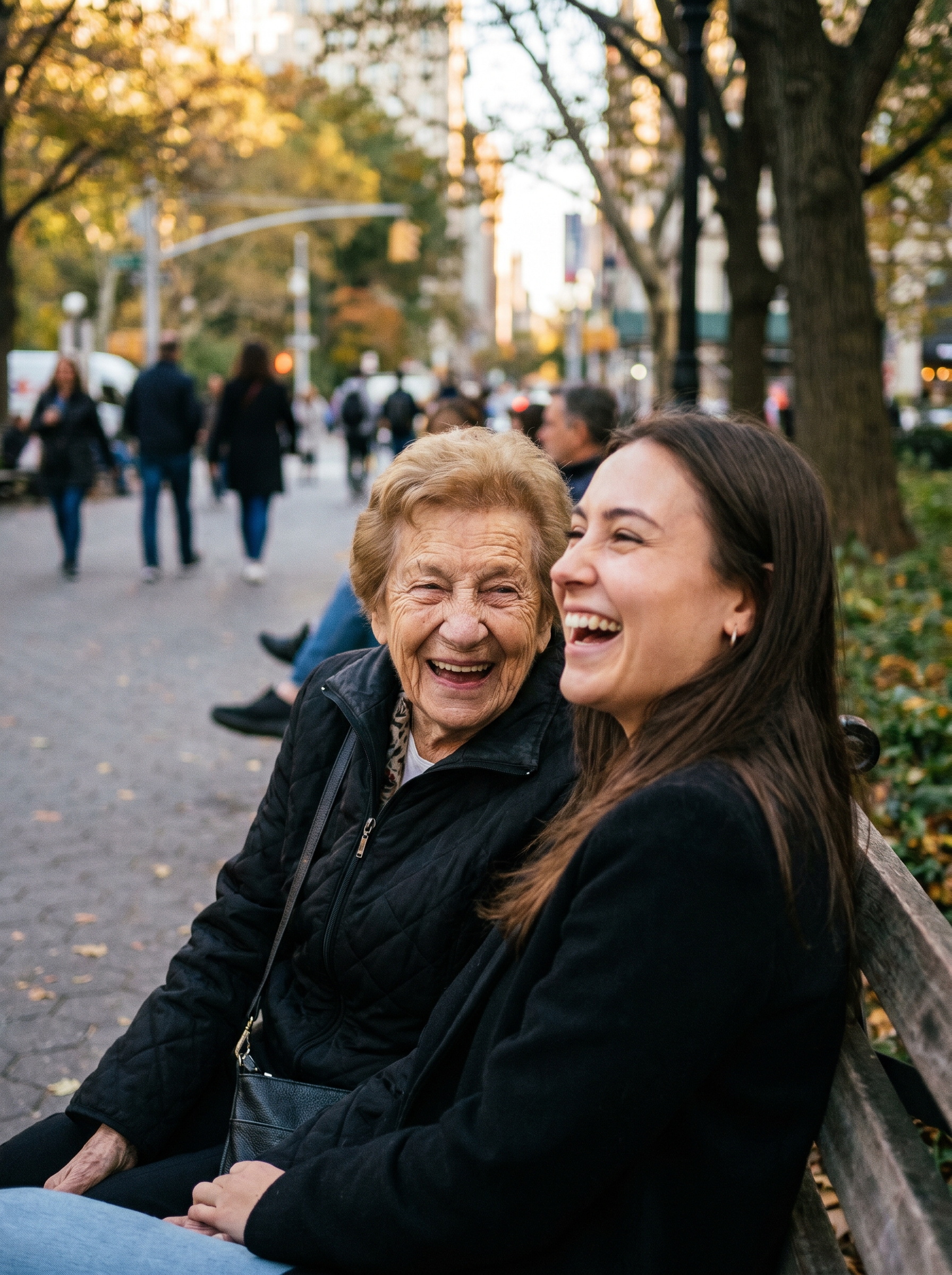 95-year-old woman and 25-year-old granddaughter caught mid-laugh on park bench, generational gap visible in every line and smoothness — the image asks what if this gap did not have to exist