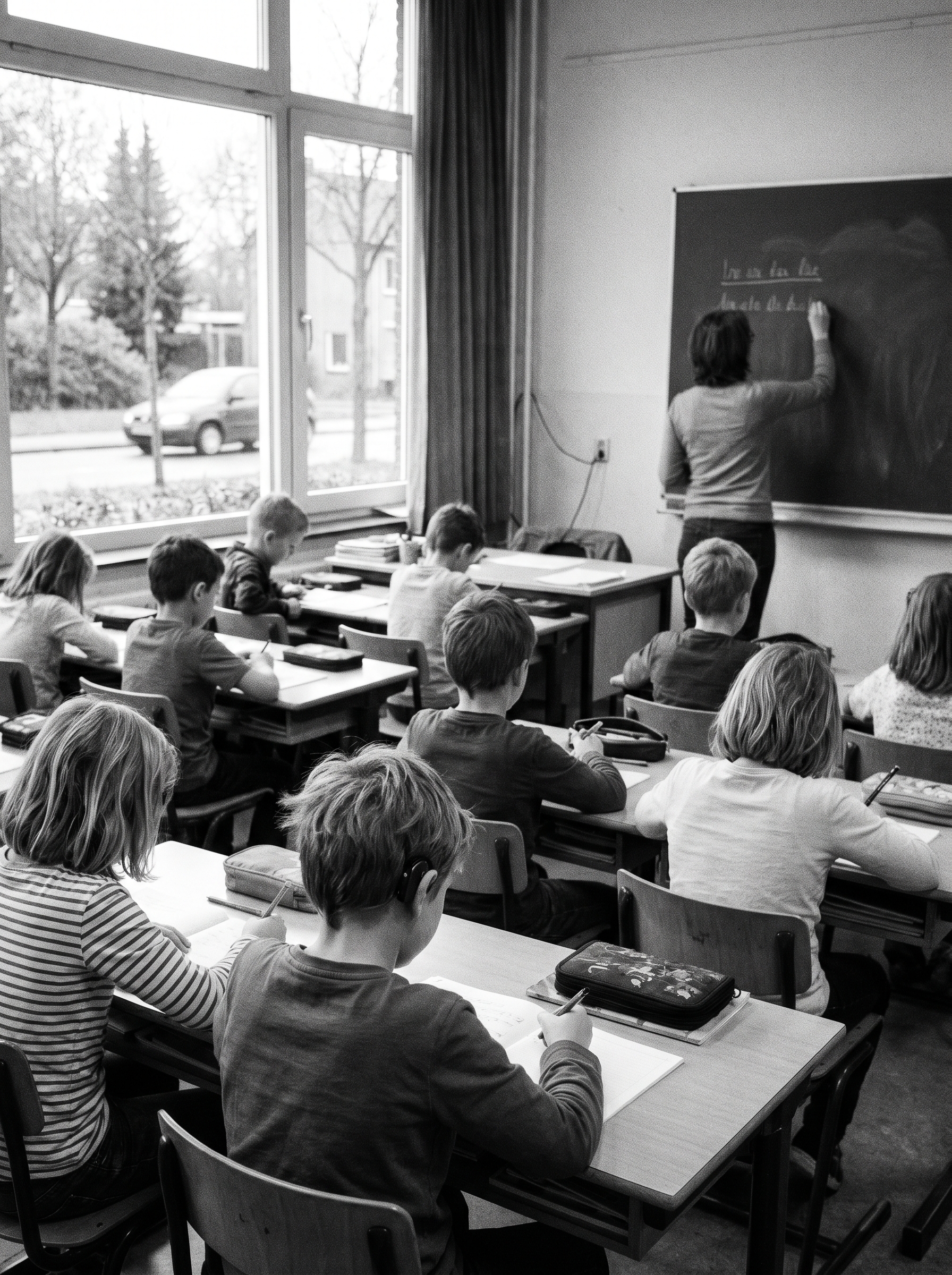 Classroom of children aged 7-8, one child at back has small device behind ear unremarkable to other children, teacher writes on board, outside window normal world continuing — first day of rest of human history completely undramatic