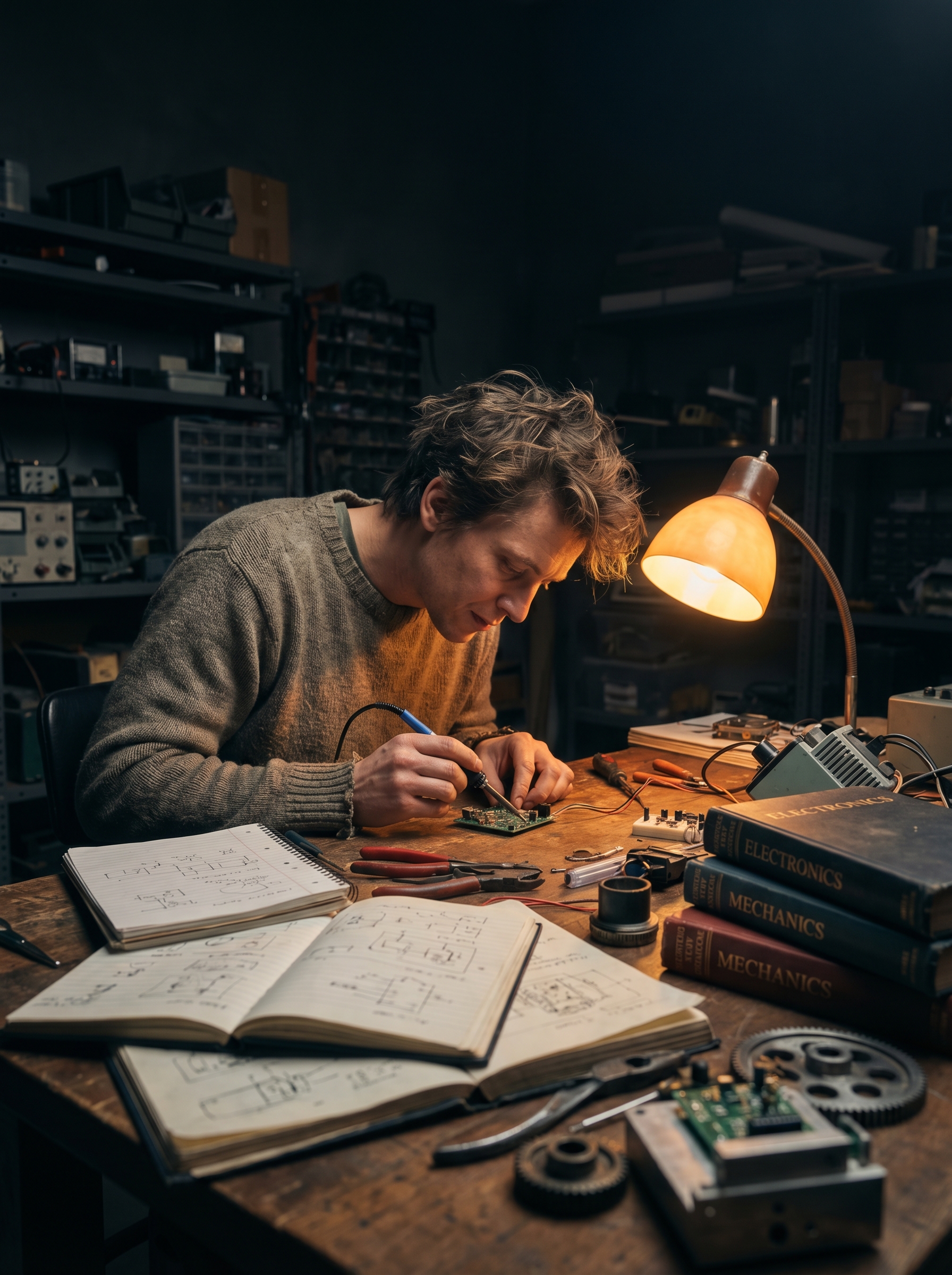 Person learning alone at desk surrounded by books, tools and real projects — not a classroom but a workshop, warm single lamp, hands working, genuine curiosity visible — the difference between assigned learning and self-directed mastery