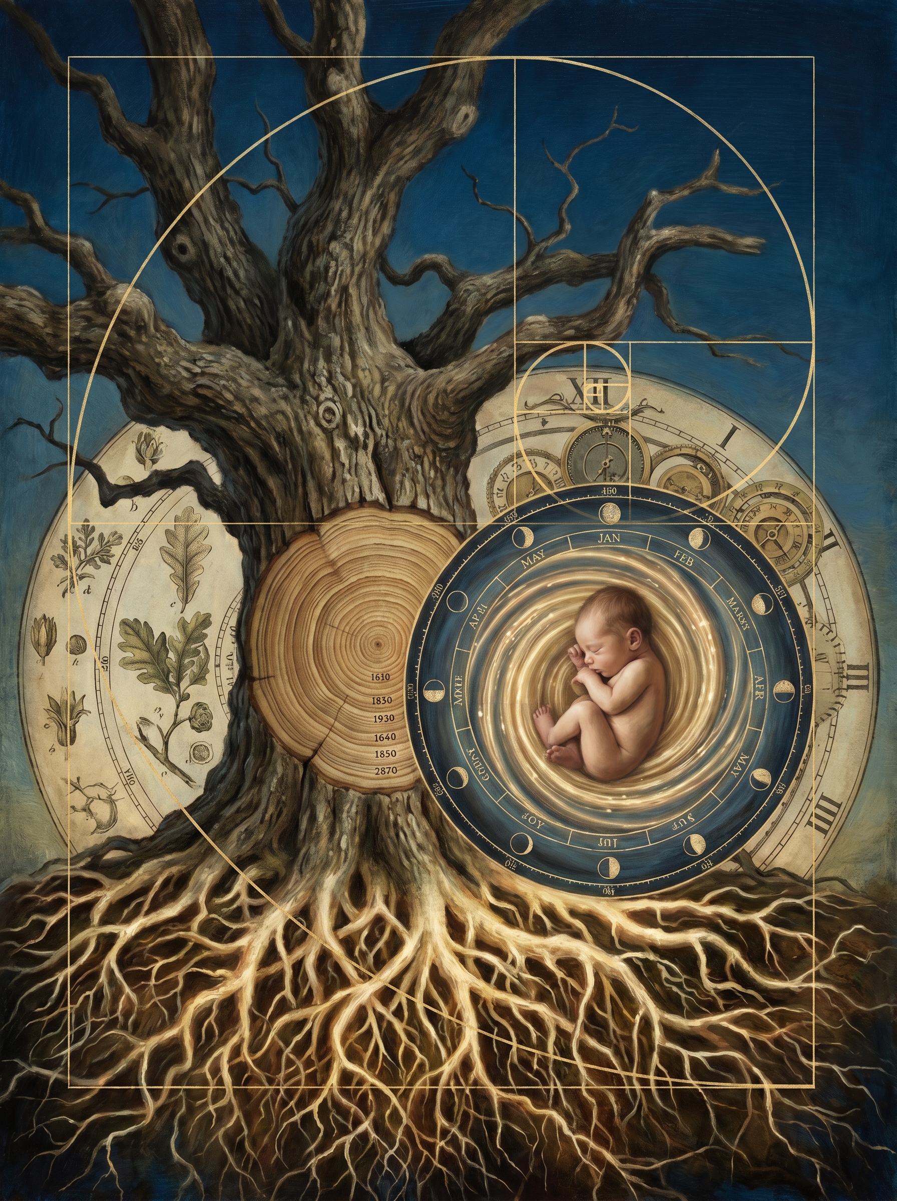 Ancient oak tree and newborn baby growing from same root system simultaneously — tree rings showing centuries compressed alongside baby surrounded by same rings compressed into months — time folding, non-linear, the surrealist science of longevity escape velocity