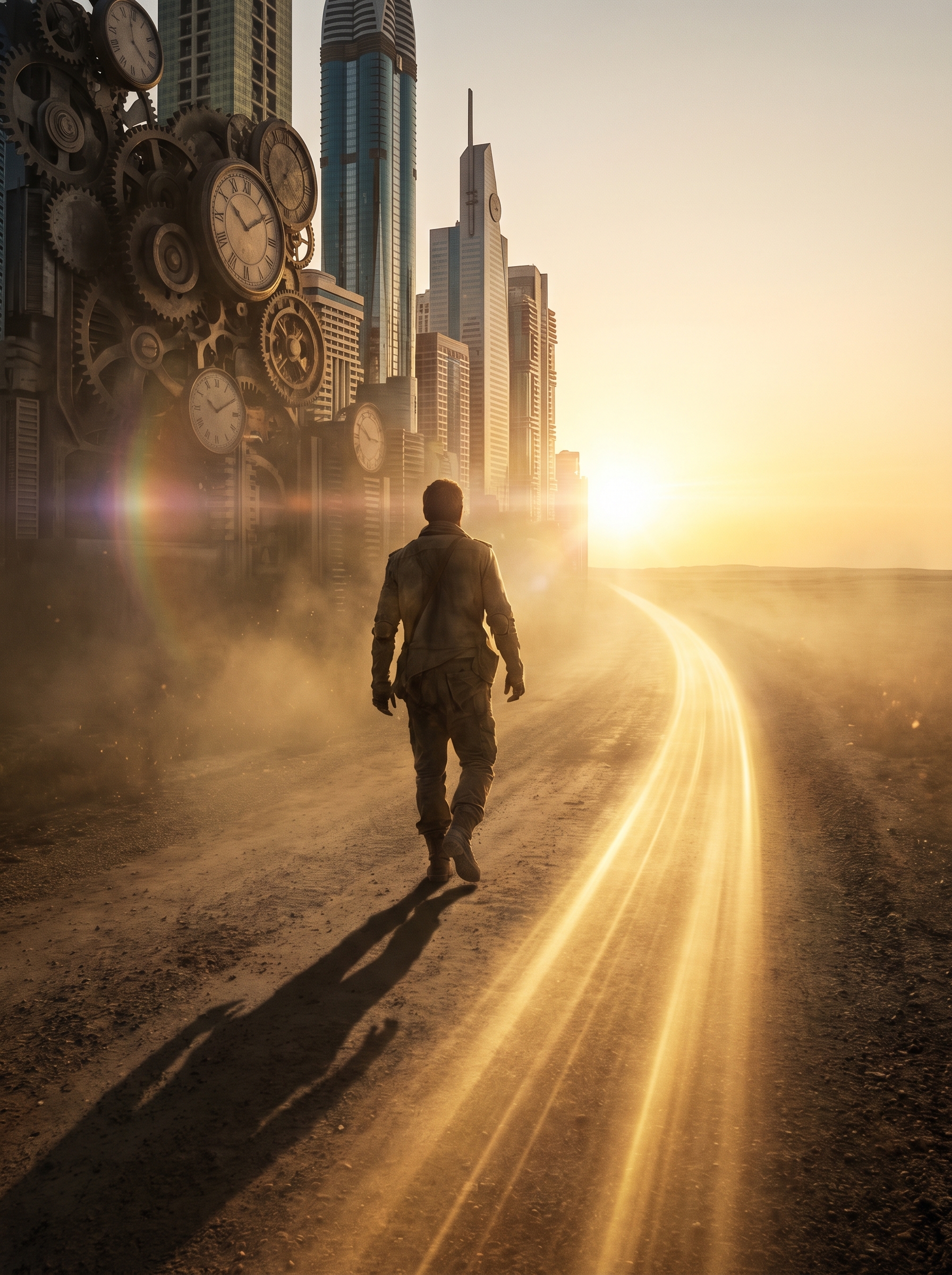 Single person walking away from city of clocks and office towers toward open horizon at golden dawn — mid-step, certain, the moment of choosing financial independence