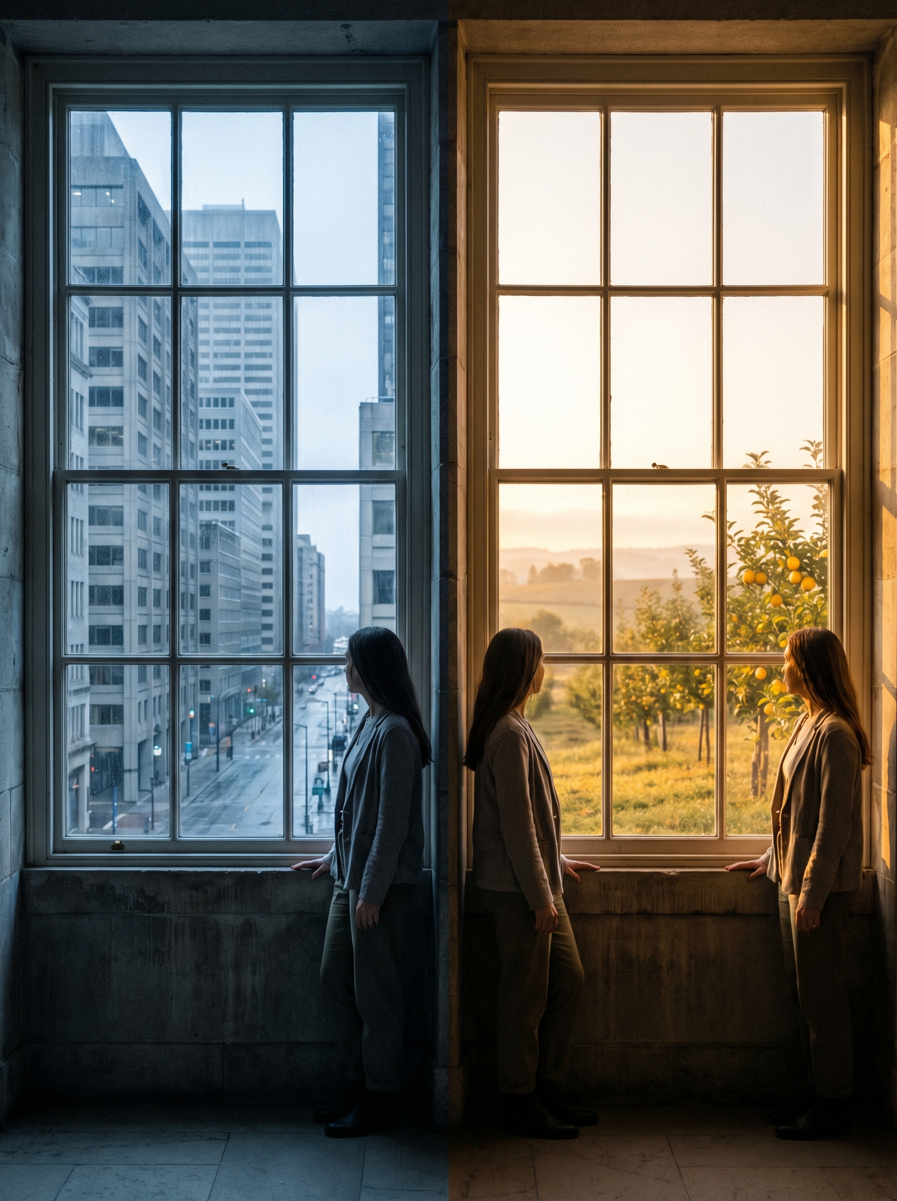 Two identical twins at different windows — one looks at grey office buildings in artificial light, other looks at sunrise over open land with trees bearing golden fruit — same starting point, completely different outcome based on one financial decision