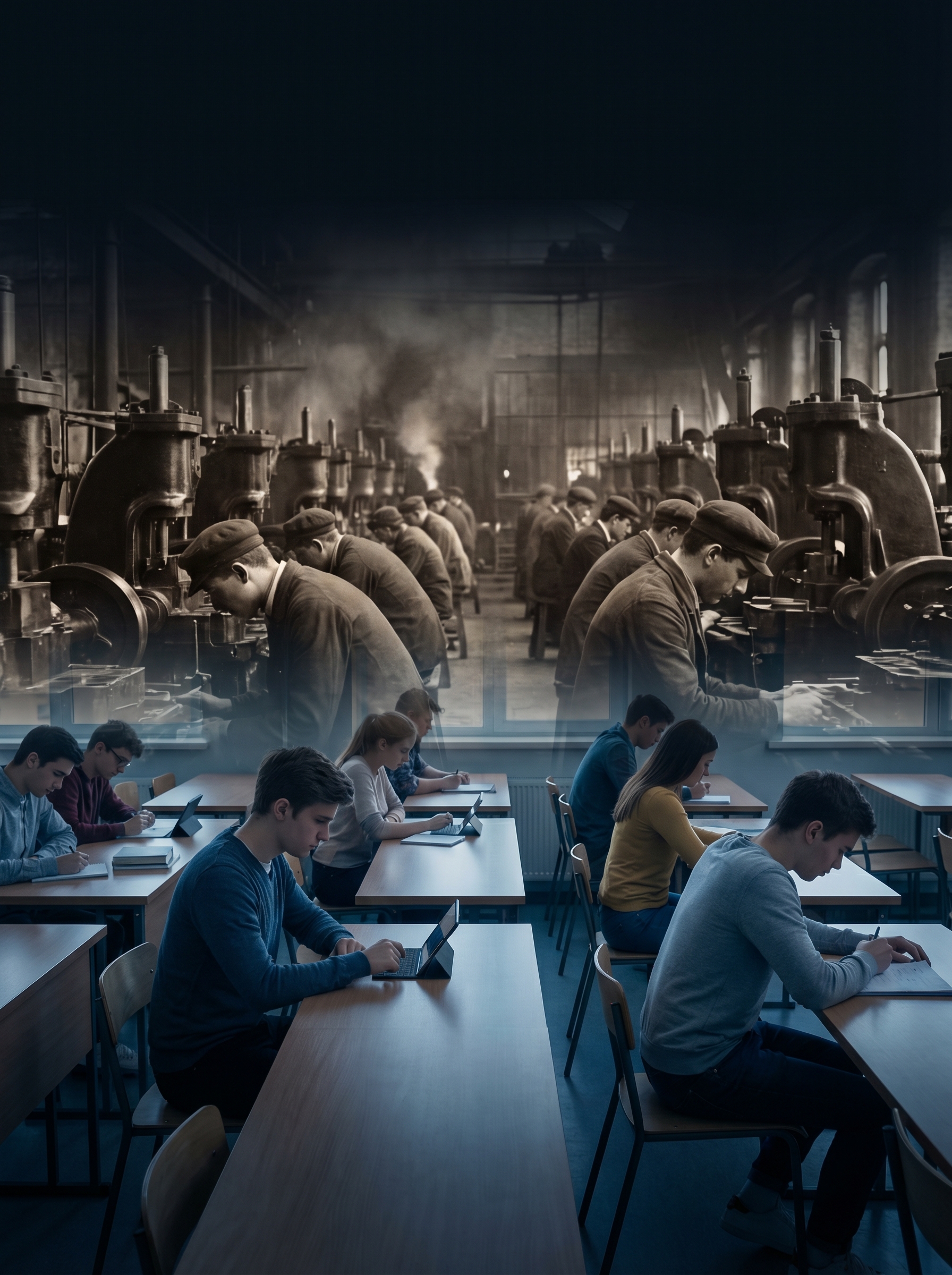Victorian era industrial factory slowly morphing into a modern classroom, machinery becoming desks, factory workers becoming students, same posture same obedience across time — the documented historical connection between industrial factory design and compulsory education structure