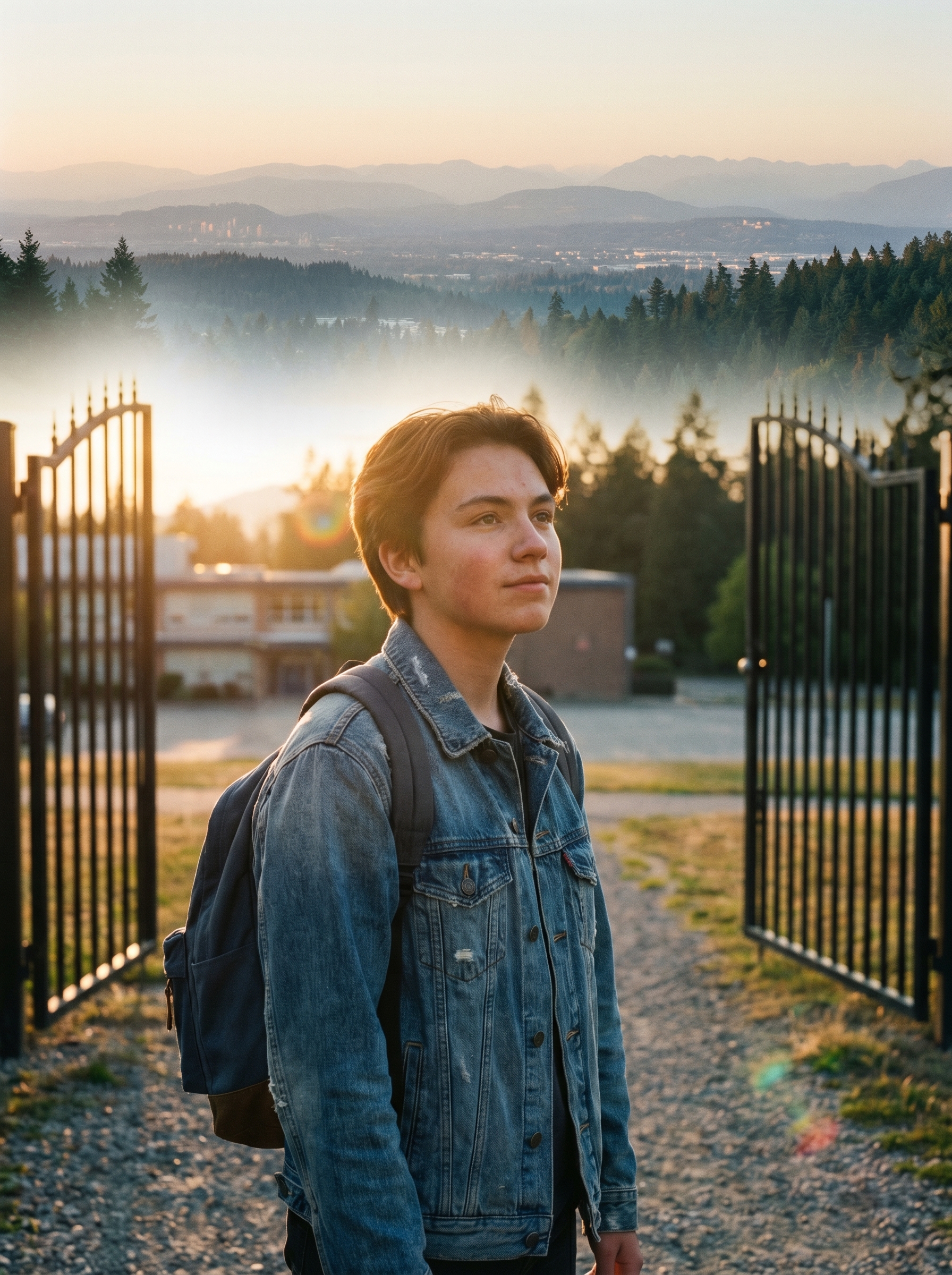 Young person standing outside school gates looking at a vast open world ahead — mountains cities forests in golden hour light, gates behind them open not closed, expression of possibility not defiance
