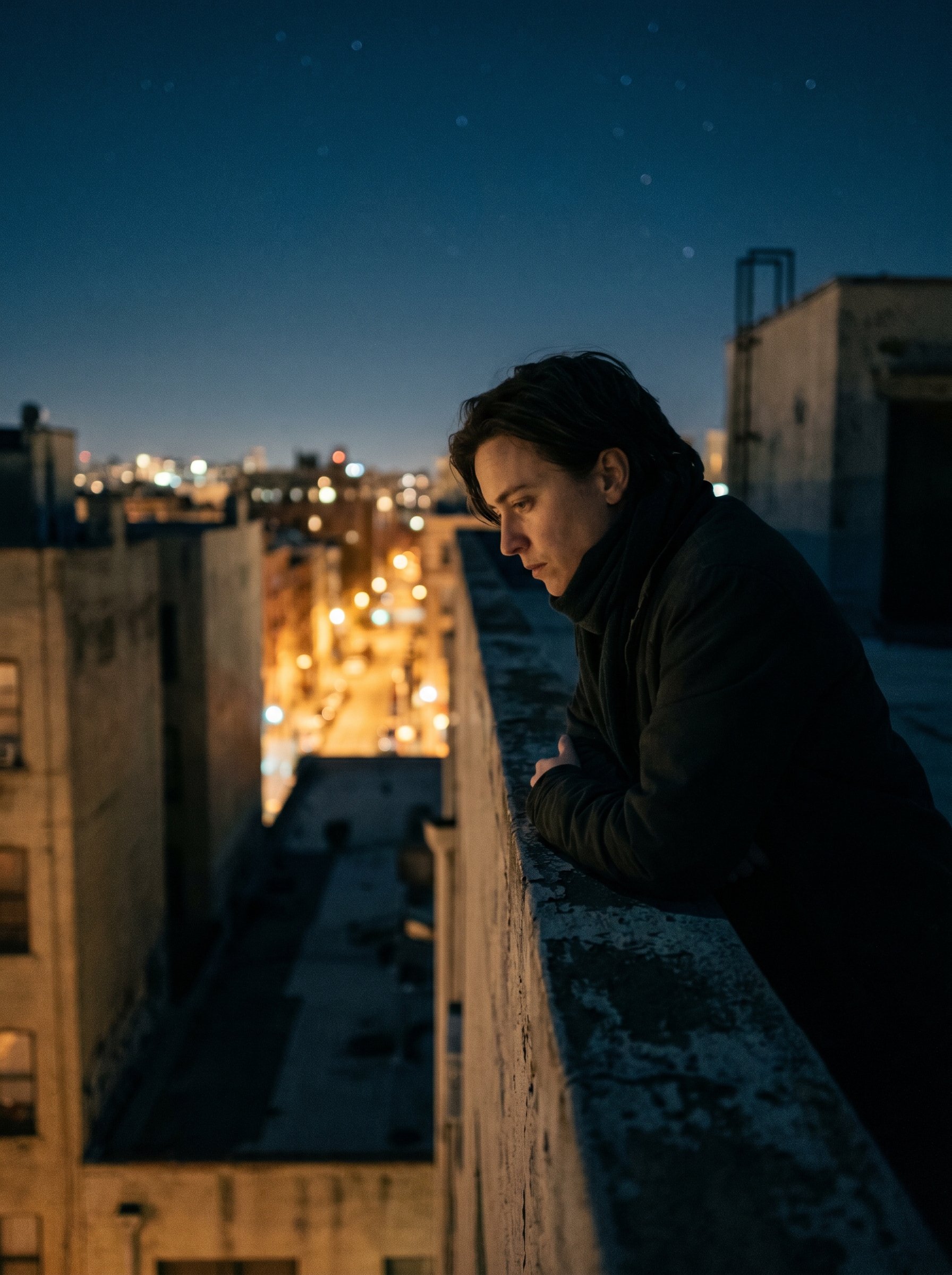 Person alone on rooftop at night, city below stars above, not looking at either — looking at the space between, the thing most people walk past, the connection most people miss