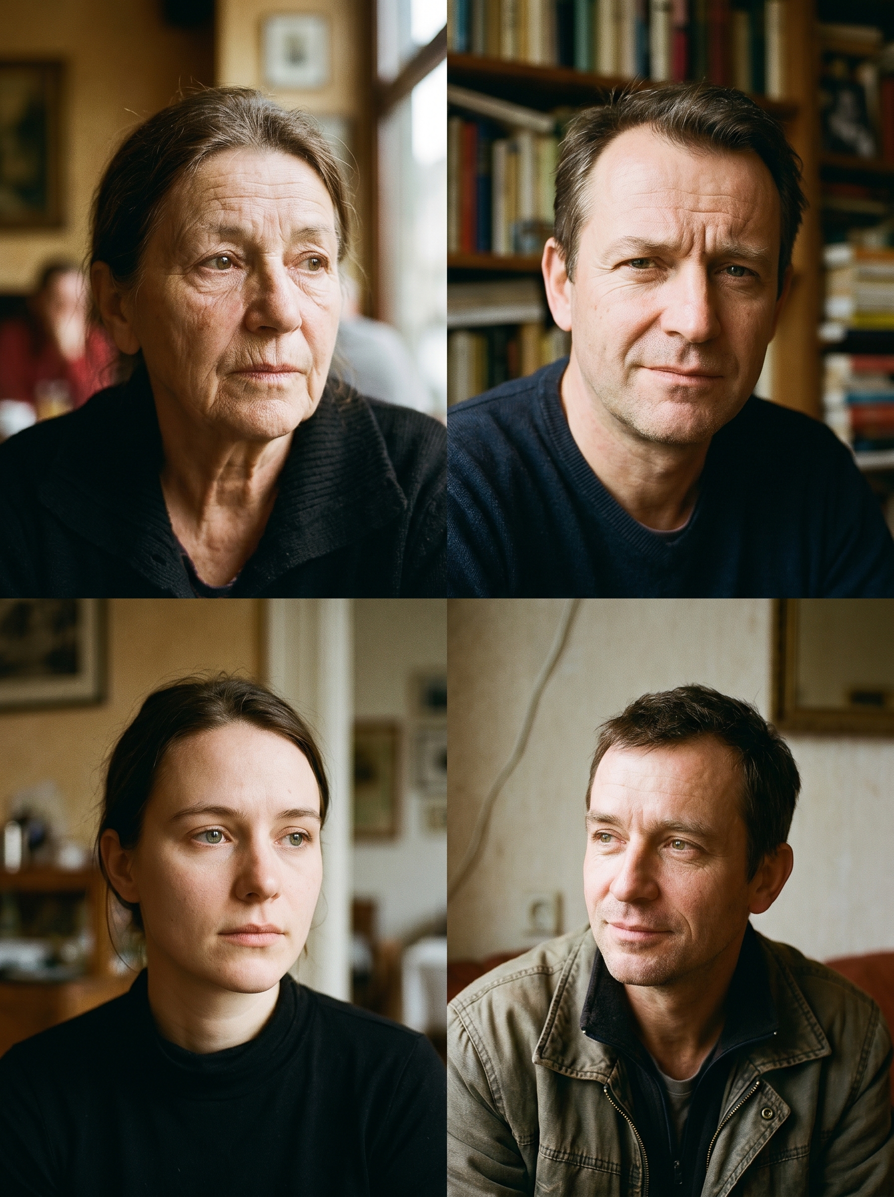 Collection of ordinary faces each with the specific expression of someone thinking something nobody else in the room has thought — recognition without arrogance, curiosity without performance, the rarest expression on Earth