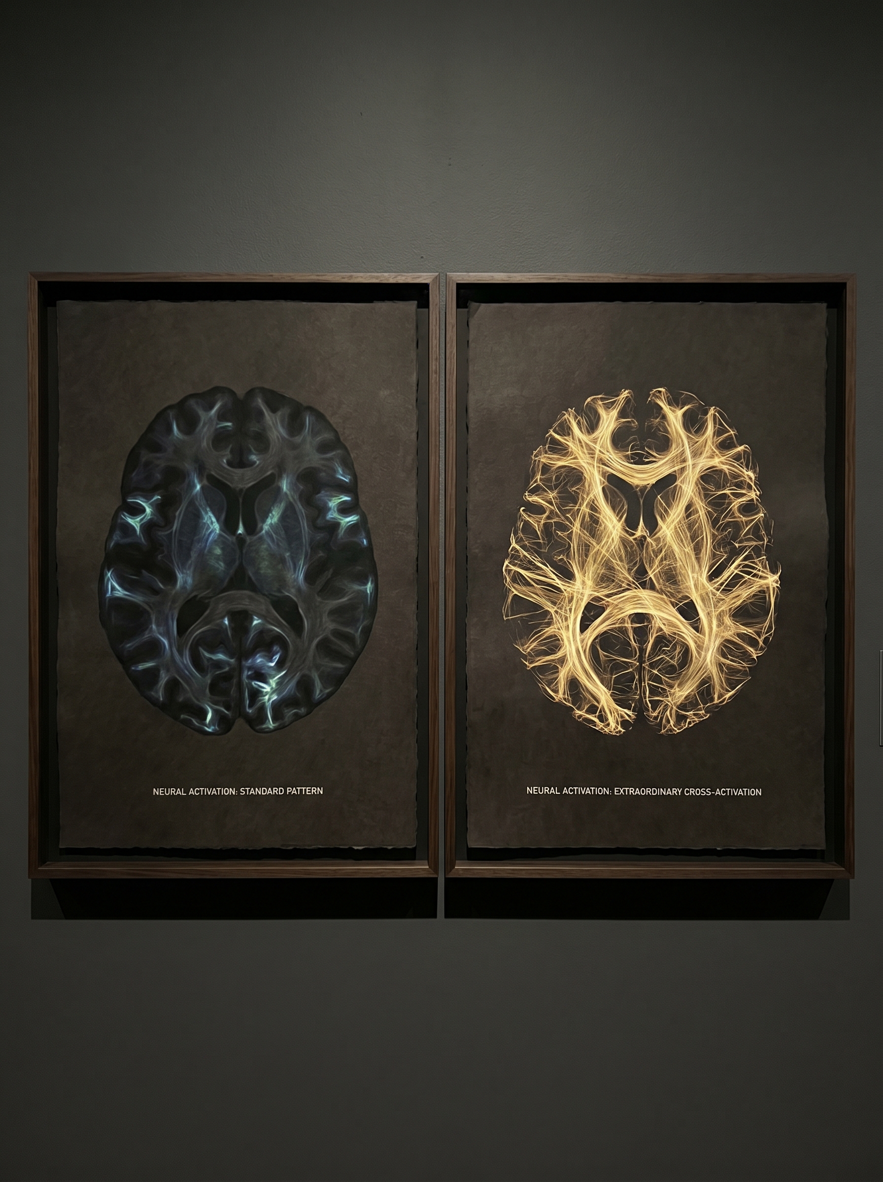 Two brain scans side by side — normal pattern of neural activation vs extraordinary cross-activation across areas that normally never connect, second brain not better but different, connections visible as golden light threads across dark neural landscape
