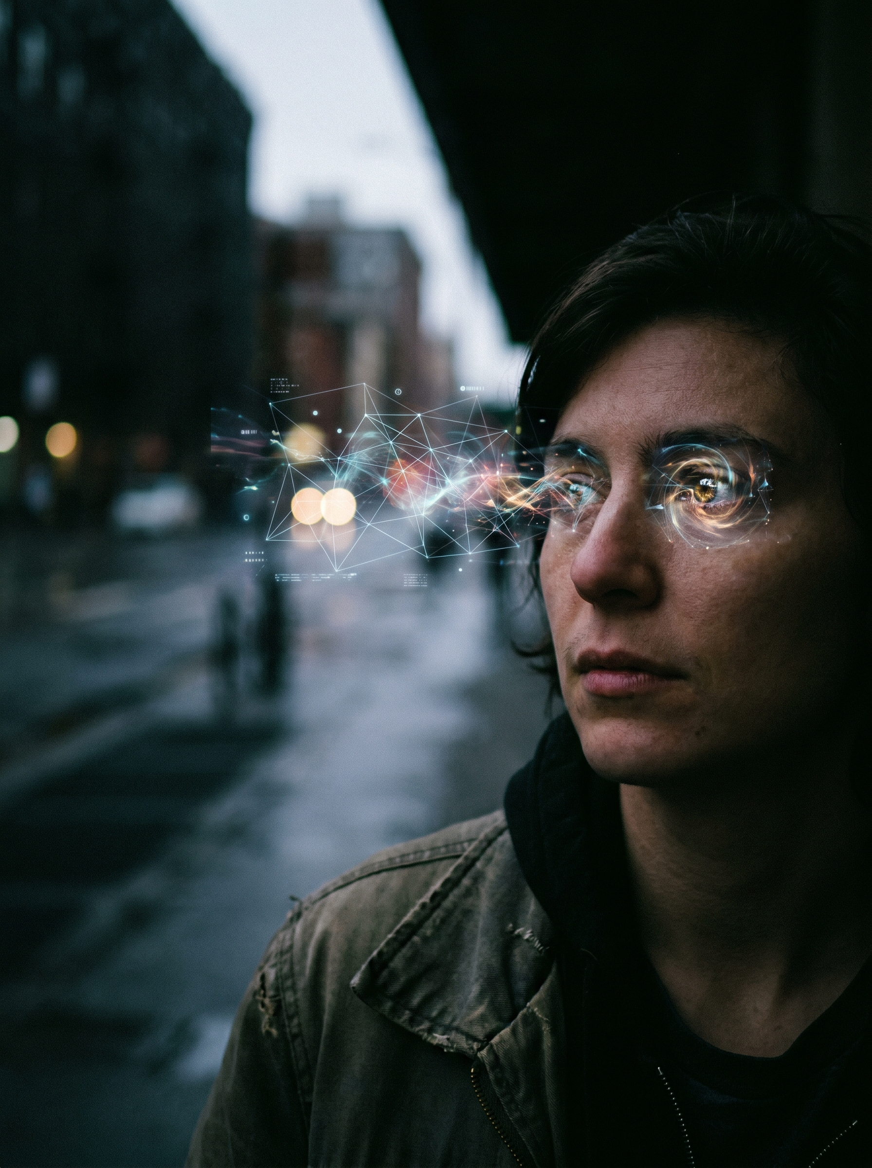 Person looking at ordinary street scene but their eyes show a reflection completely different — seeing patterns connections possibilities invisible to others around them, same world different operating system