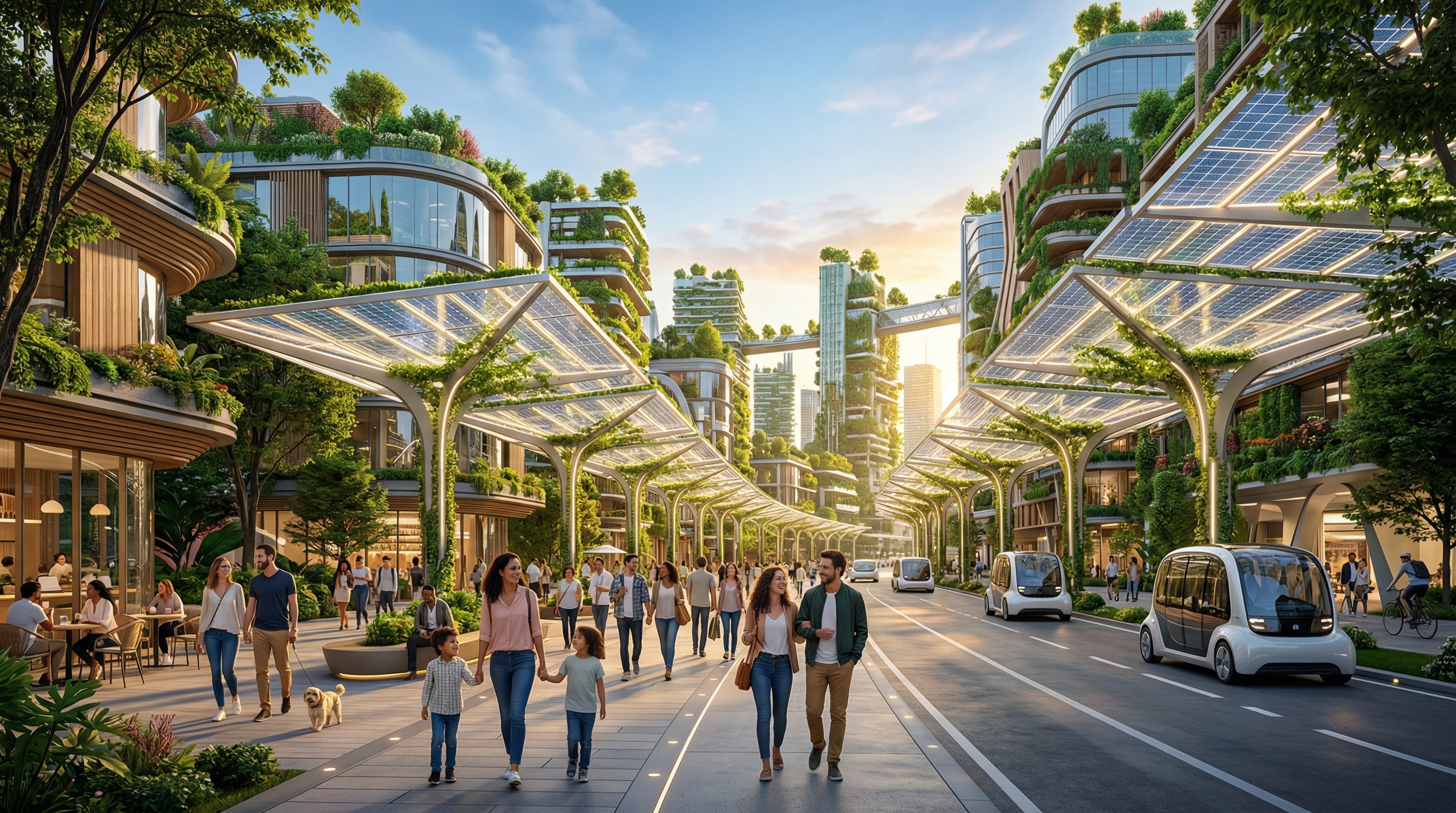 Future city life 2076 — green sustainable urban living for all humanity
