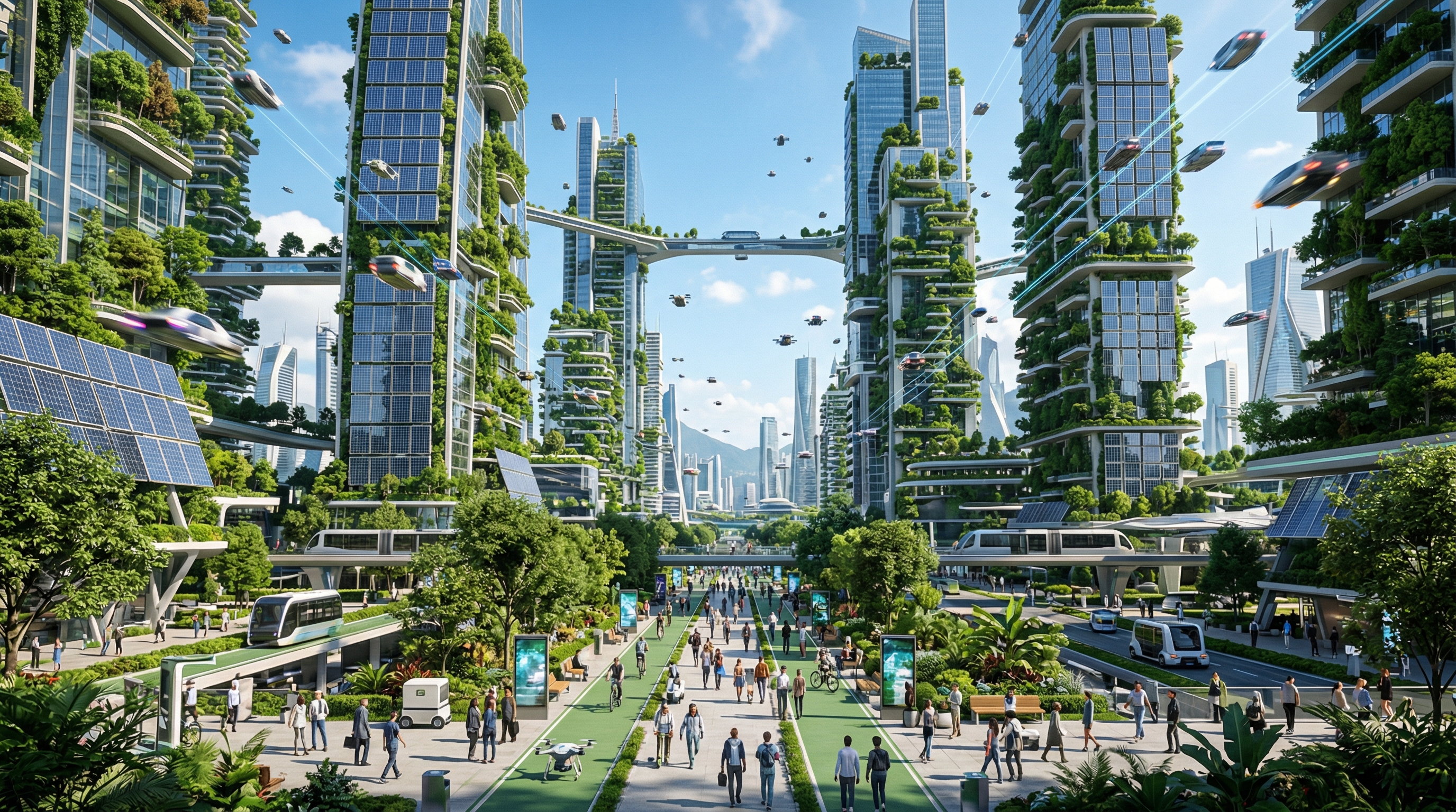 Future city 2076 — climate-adapted urban landscape with vertical farms and clean energy