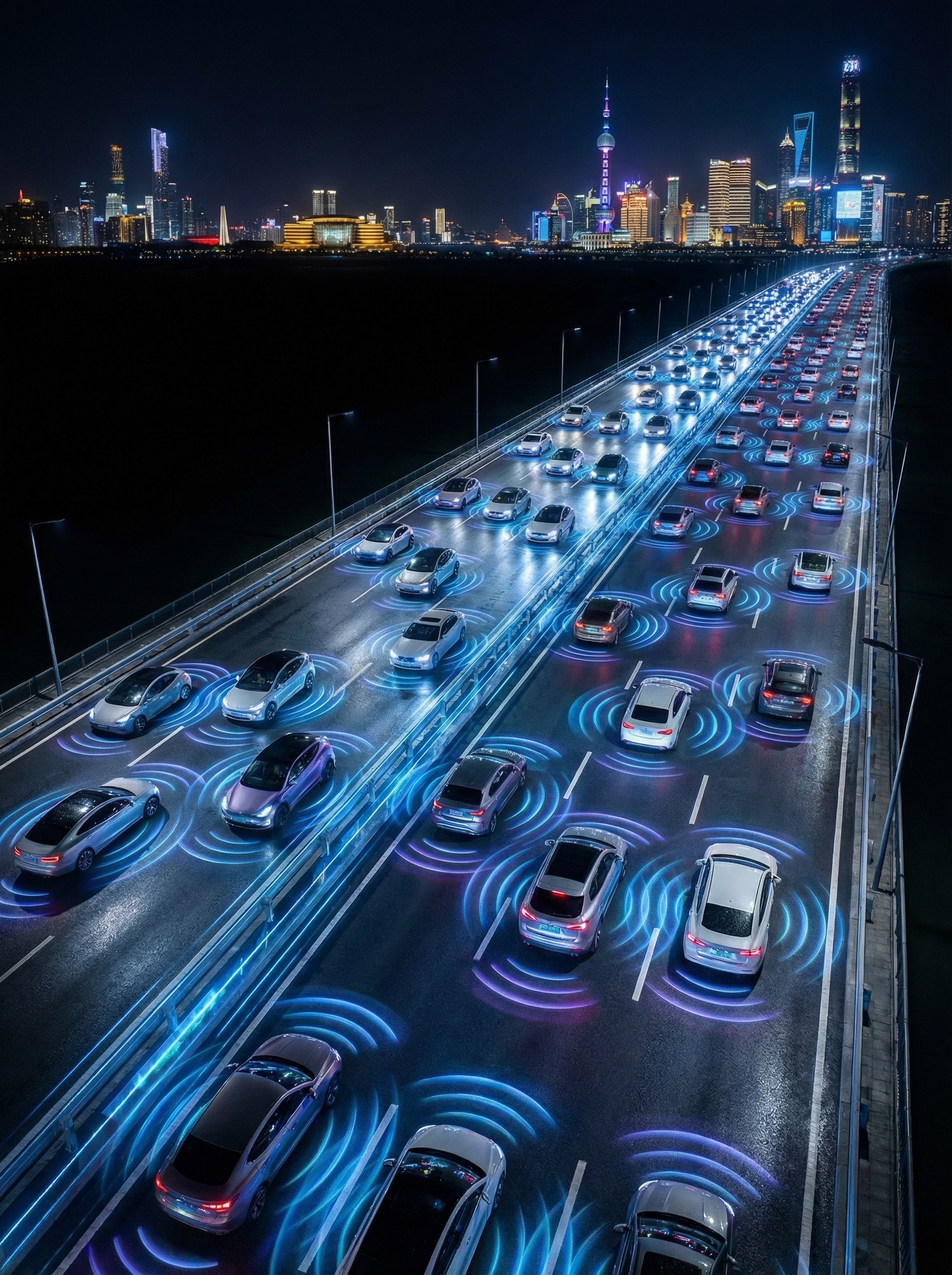 Autonomous vehicles synchronized smart highway night future 2035