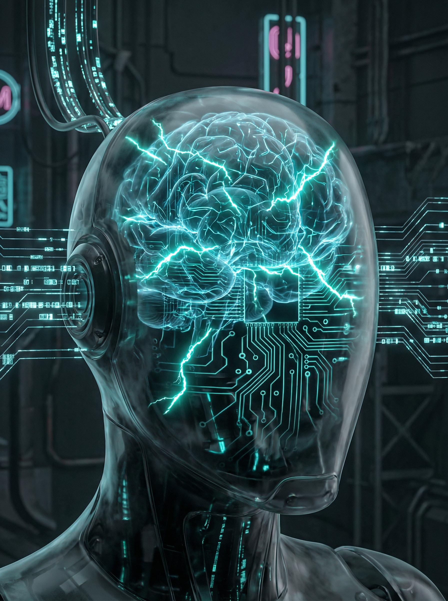 AI robot brain visualization — neural networks in robotic mind