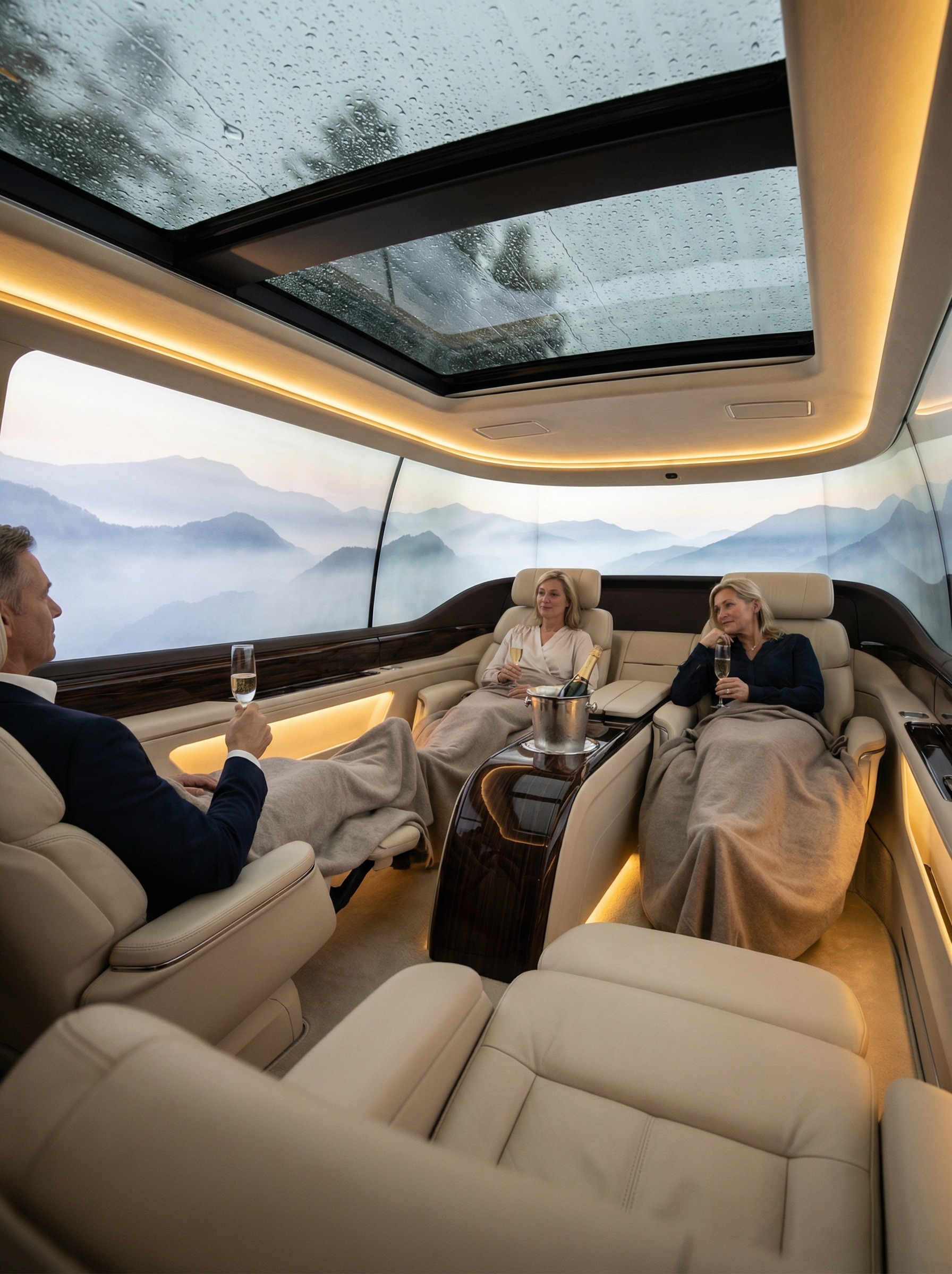 Luxury autonomous vehicle interior lounge no steering wheel 2032