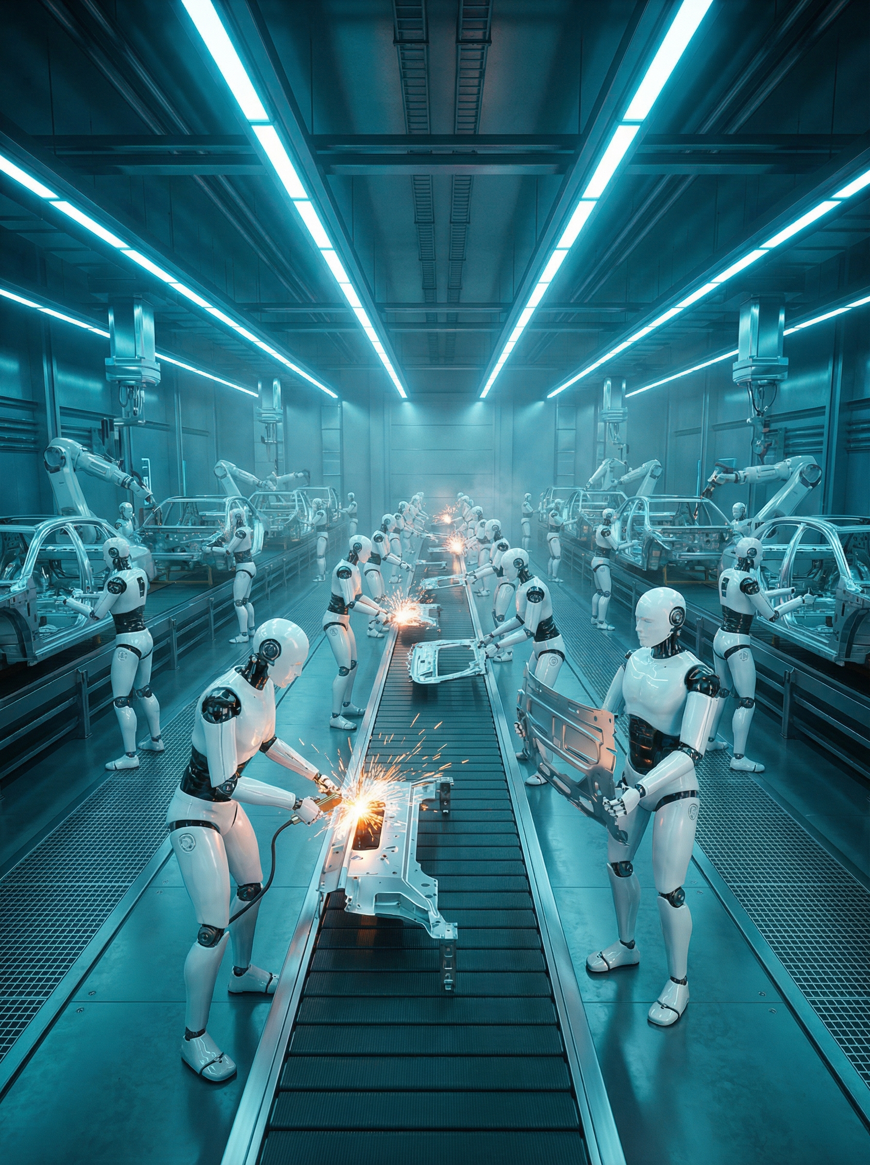 Humanoid robots working in a modern factory