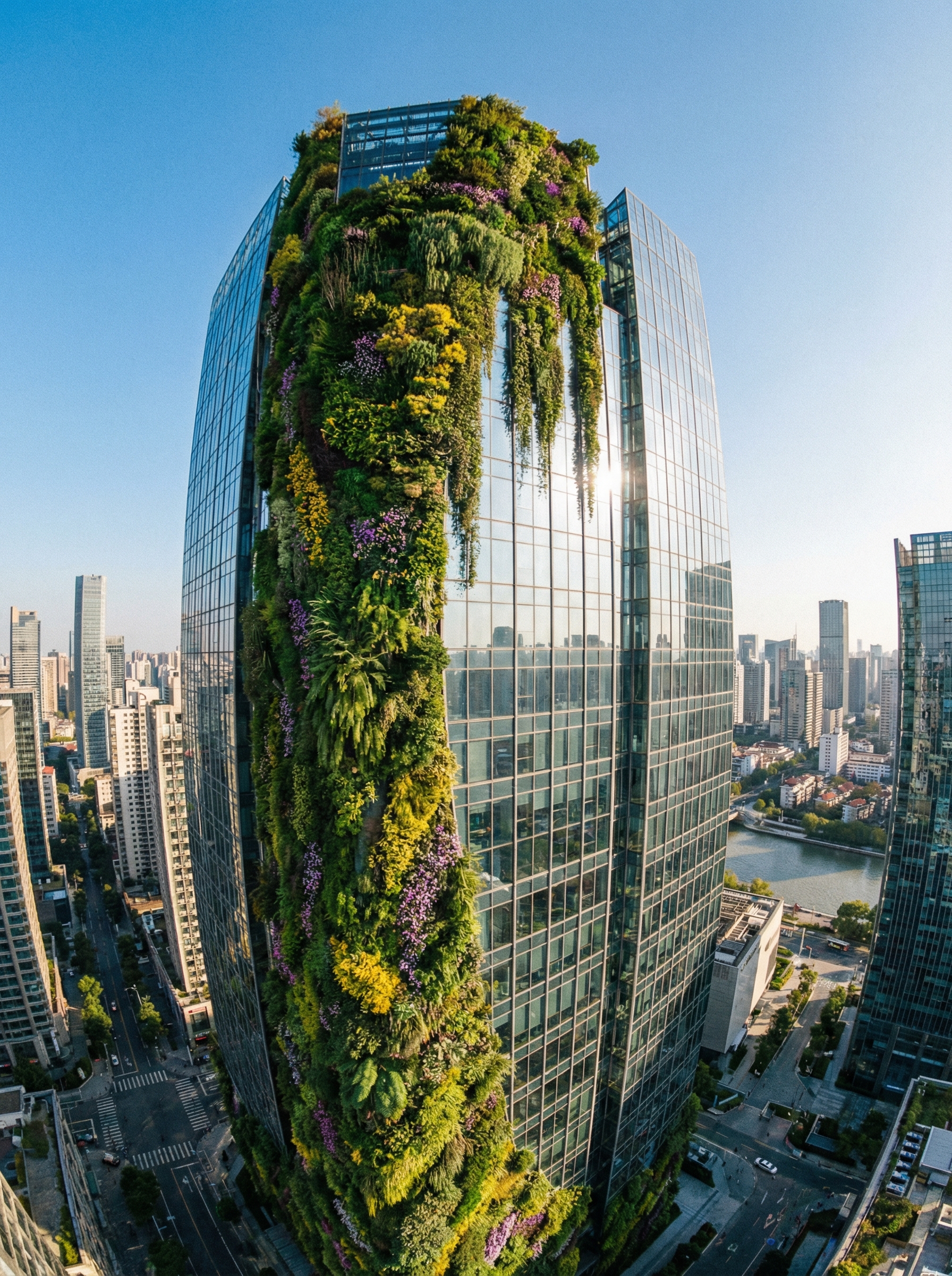Urban rewilding — living walls and rooftop ecosystems in city buildings
