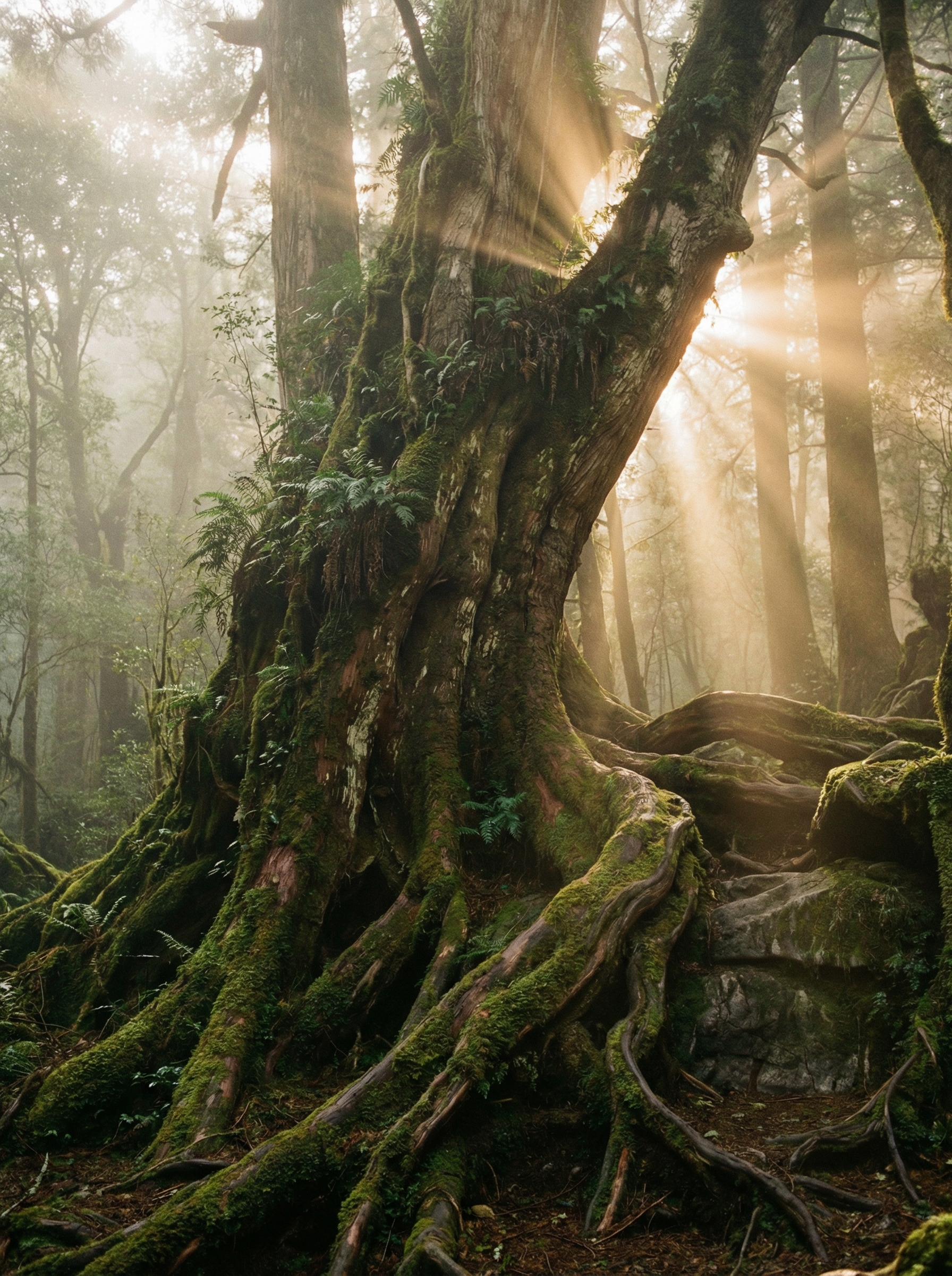 Ancient massive tree in misty forest, 9550 years old, golden light filtering through canopy — the oldest living organism on Earth