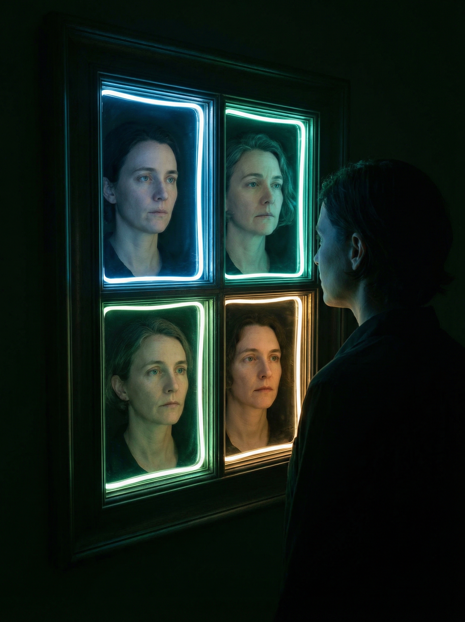 Mirror showing four reflections — all versions of you are real